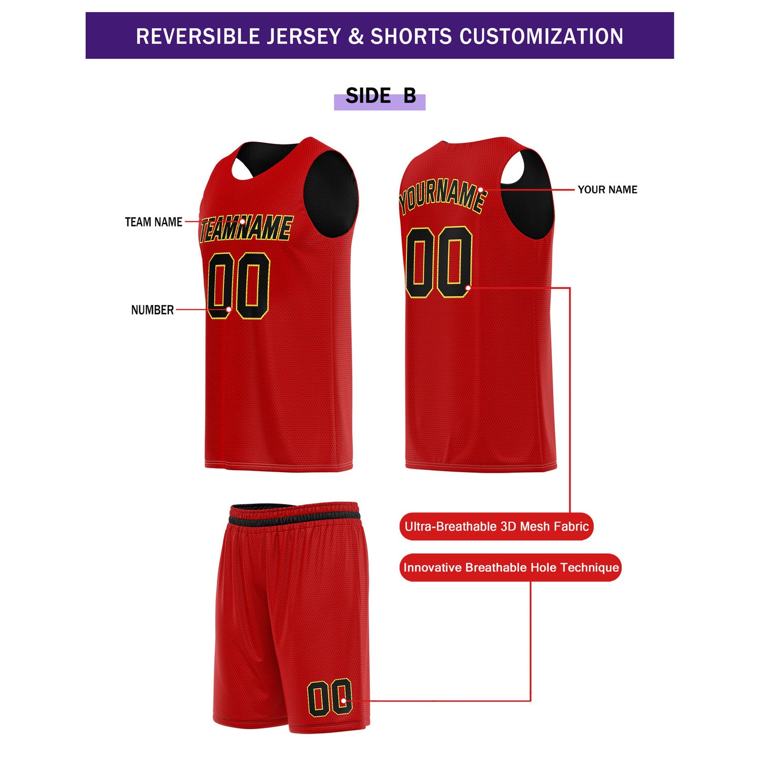 Custom Reversible Black Red Basketball Uniform Set | Jersey & Shorts - Vosoli