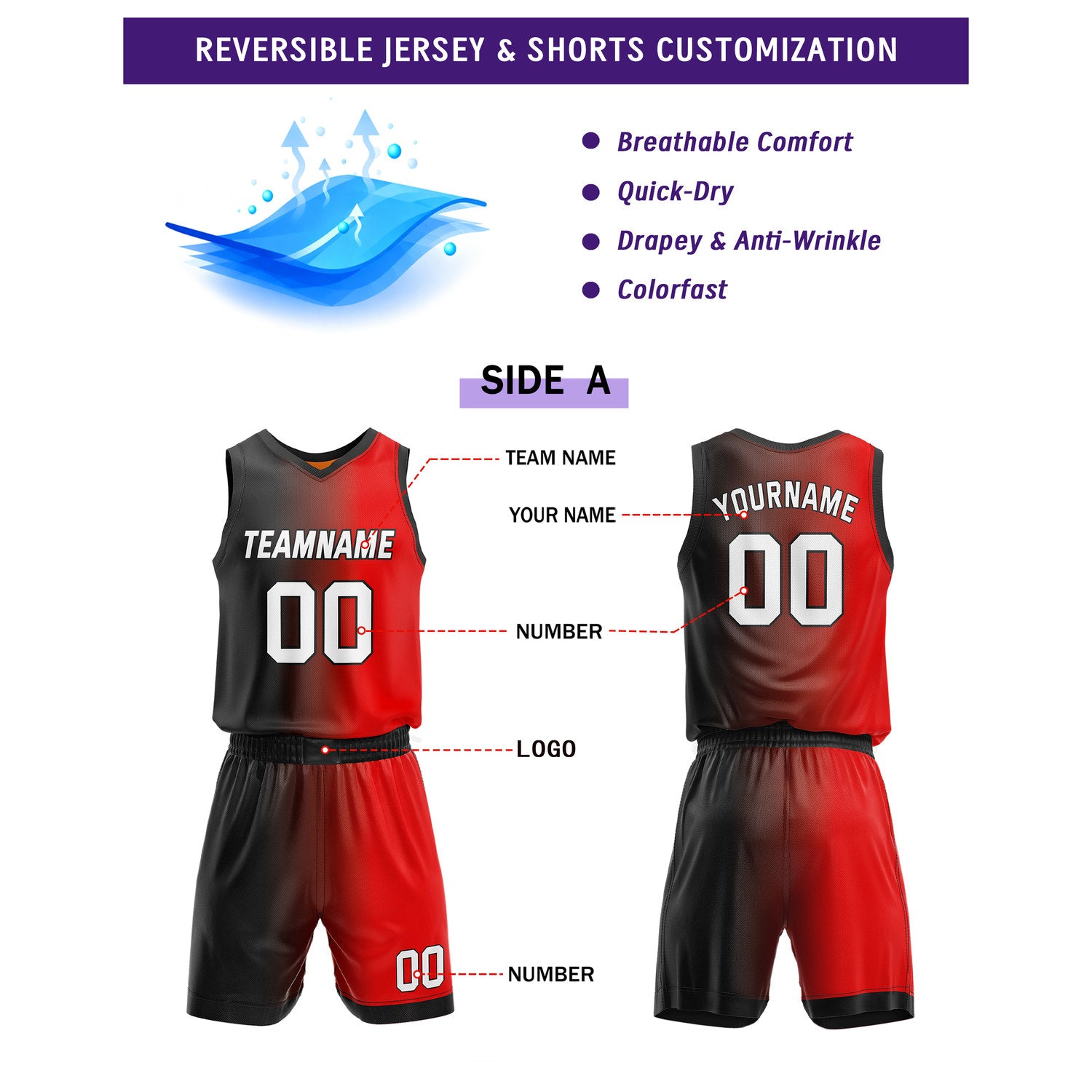 Custom Reversible Black Red Orange Basketball Uniform Set | Team & Player Name - Vosoli