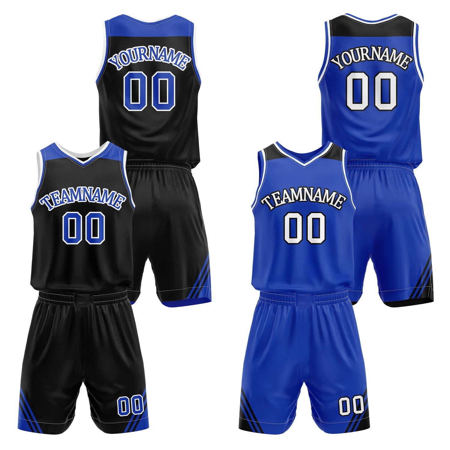 Custom reversible black & royal blue basketball uniform set, personalized with team name number and logo, breathable mesh fabric for men women youth game practice - Vosoli