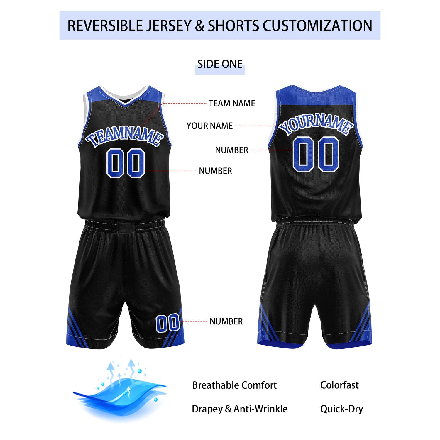 Custom Reversible Black Royal Blue Basketball Uniform Set | Team Name & Number - Vosoli