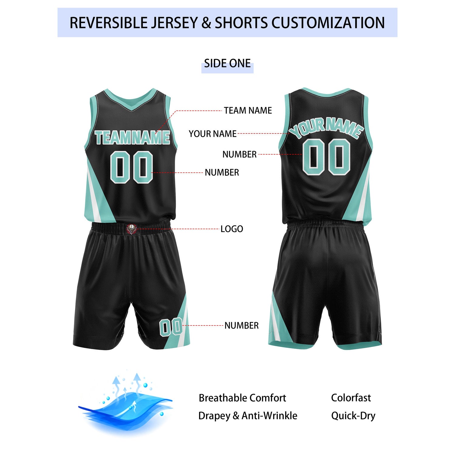 Custom Reversible Black Turquoise Basketball Uniform Set | Team & Player Name - Vosoli