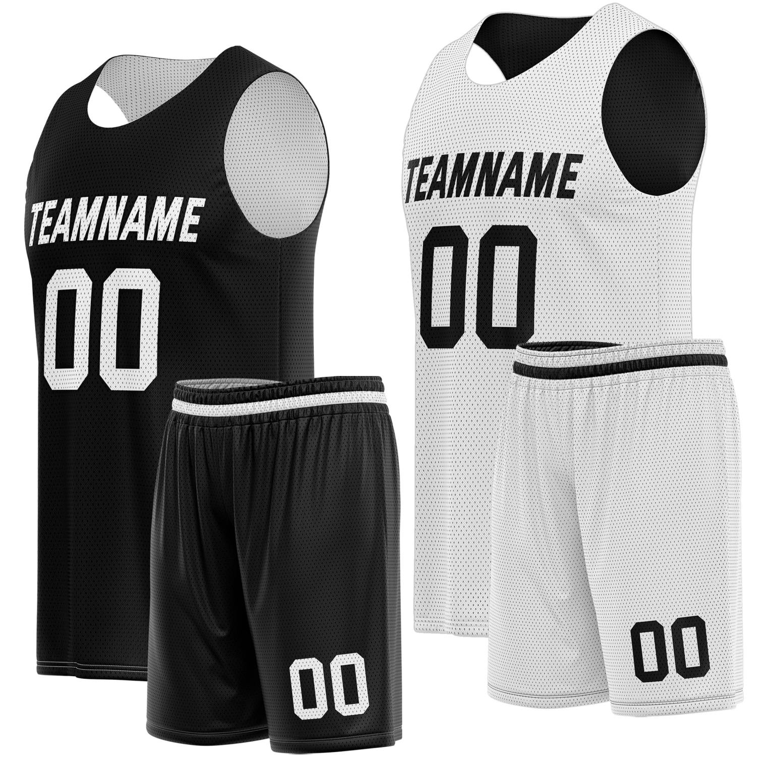 Custom Reversible Black White Basketball Jersey Shorts Set, Personalized Team Name Number Breathable Mesh Uniform for Men Women Youth