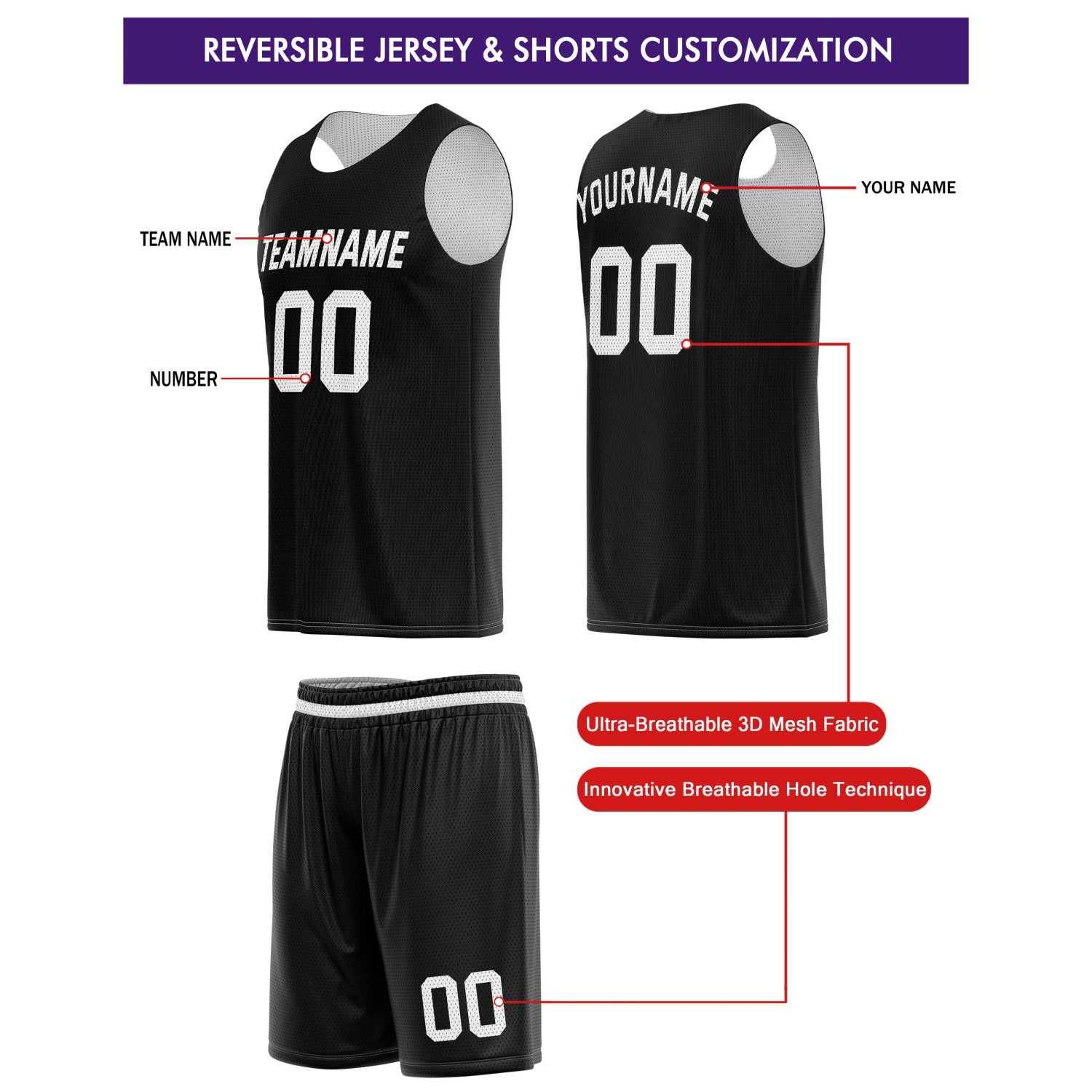 Custom Reversible Black White Basketball Jersey & Shorts Set | Personalized Team Kit | Vosoli