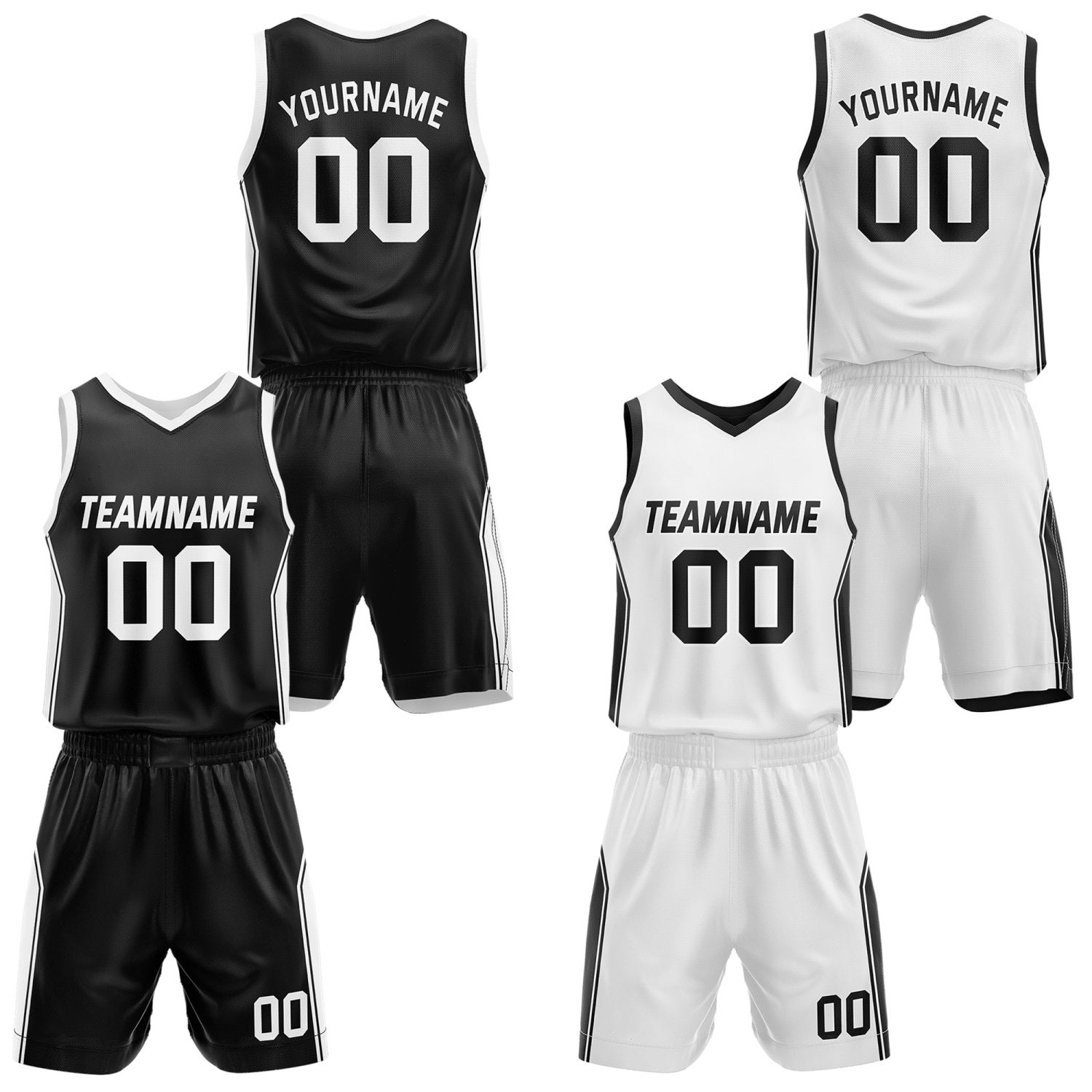 Custom Reversible Black White Basketball Jersey and Shorts Set, Personalized Team Name Number Breathable Mesh Uniform for Men Women Youth