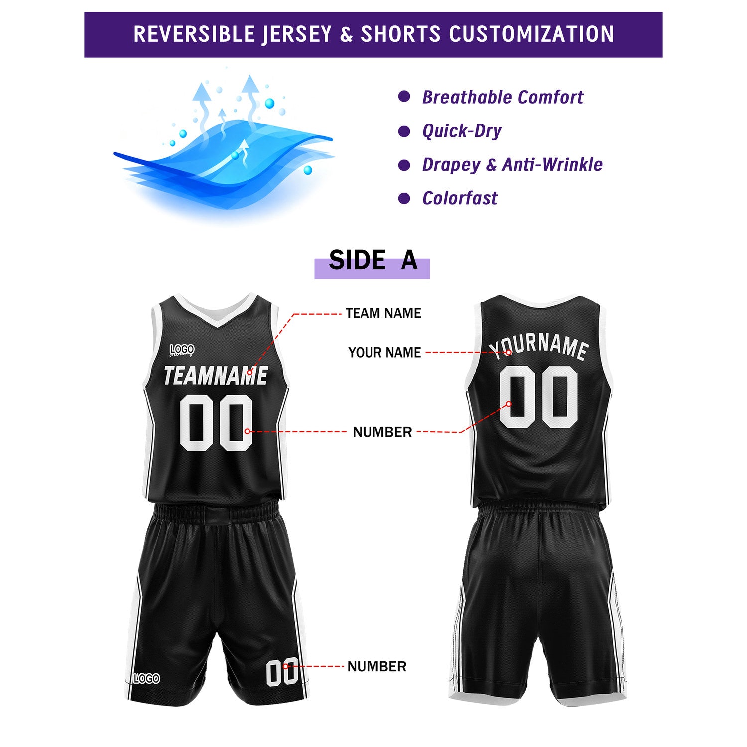 Custom Reversible Black White Basketball Uniform Set | Personalized Name & Number - Vosoli