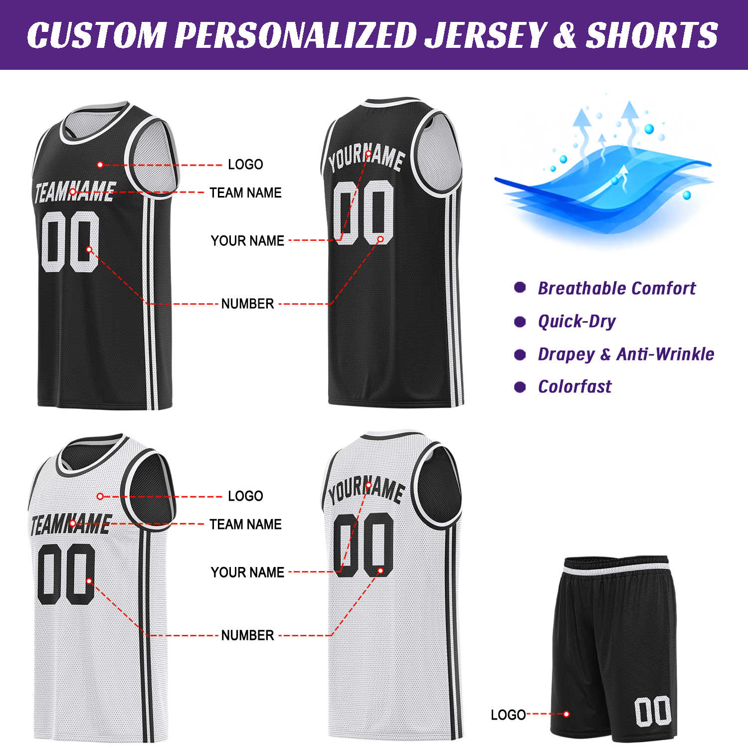 Custom Reversible Black & White Basketball Uniform | Jersey & Shorts Set - Vosoli