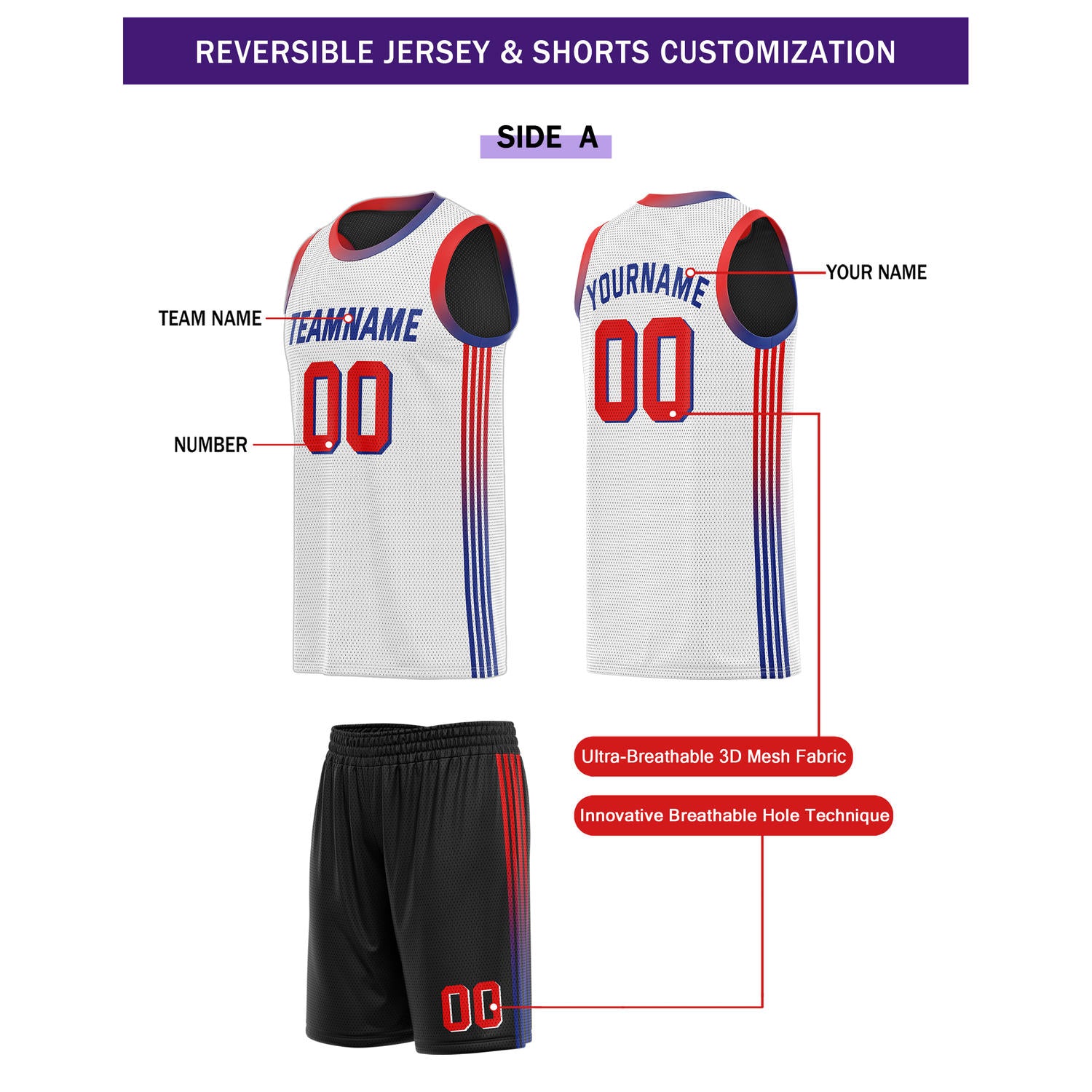Custom Reversible Black White Blue Basketball Uniform Set | Team & Player Name - Vosoli