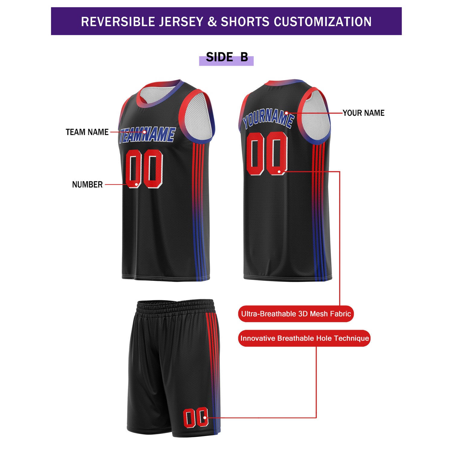 Custom Reversible Black White Blue Basketball Uniform Set | Team & Player Name - Vosoli