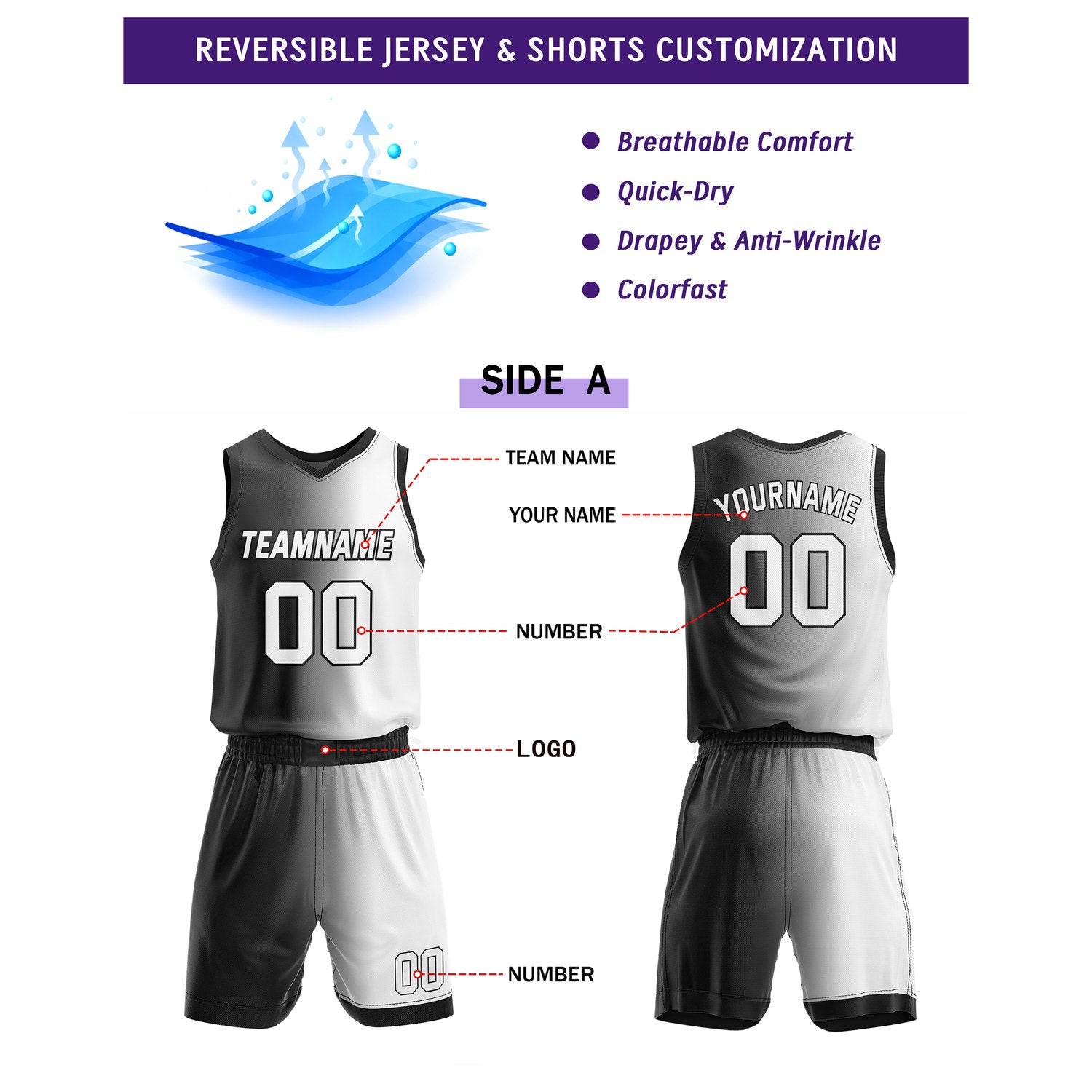 Custom Reversible Black White Grey Basketball Uniform Set | Team & Player Name - Vosoli