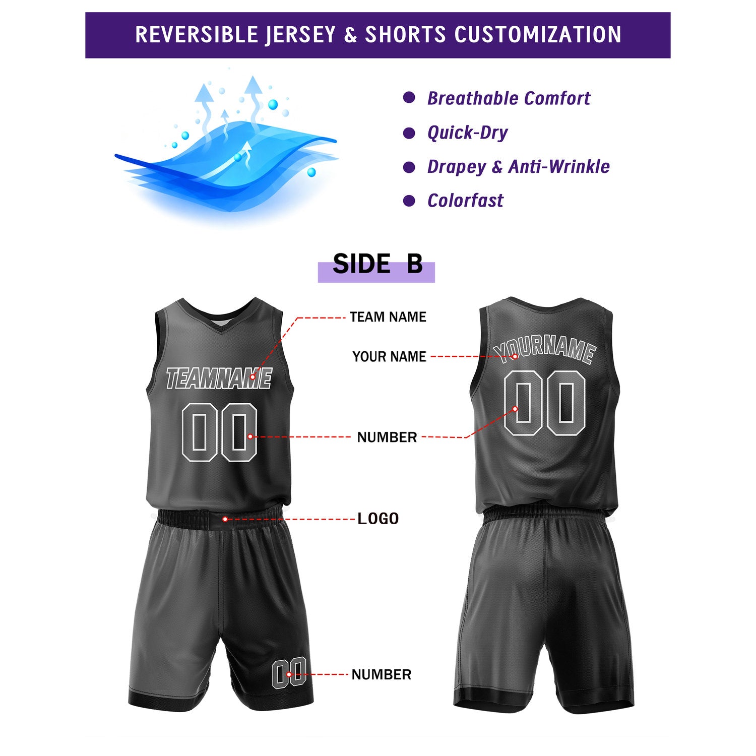 Custom Reversible Black White Grey Basketball Uniform Set | Team & Player Name - Vosoli