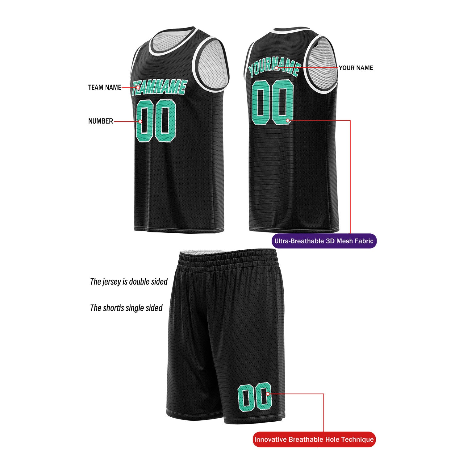 Custom Reversible Black & White Basketball Uniform (Jersey + Shorts) | Personalized Team Set | Vosoli