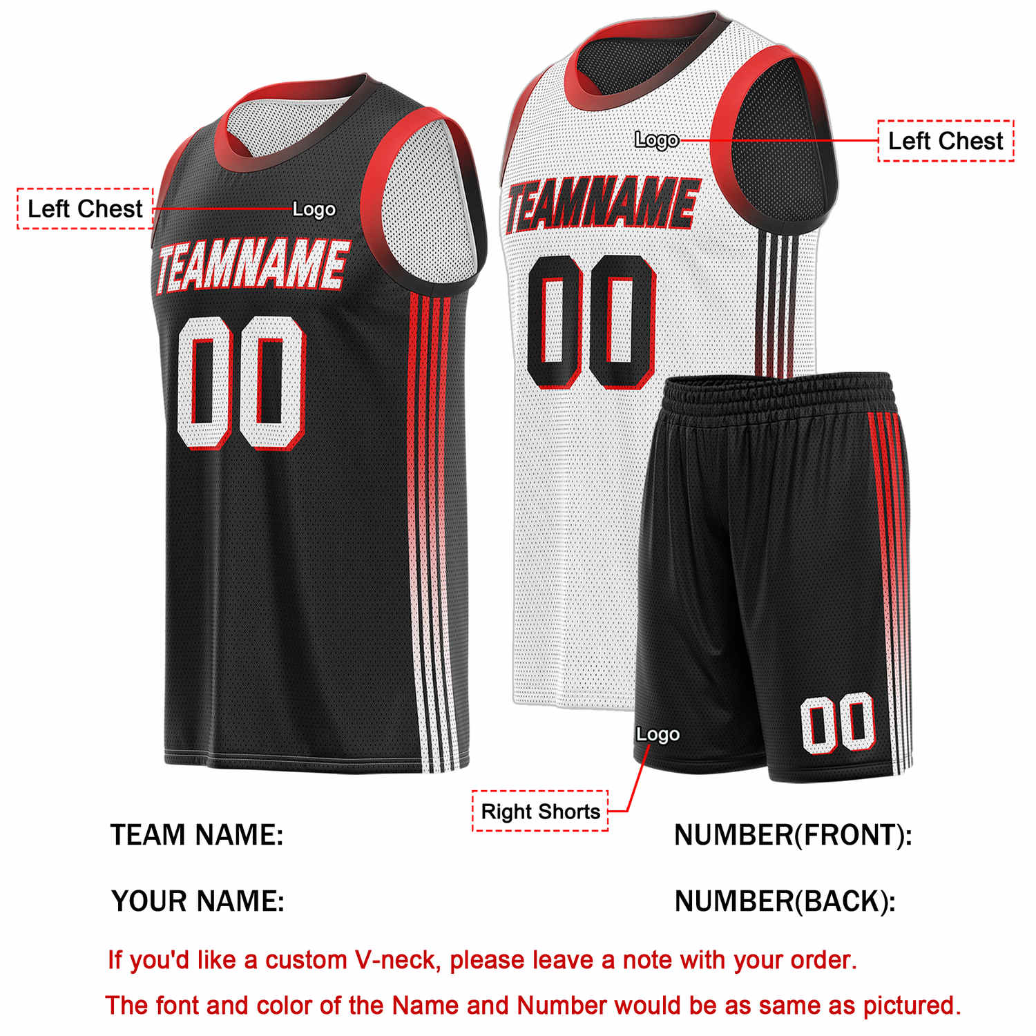 Custom Reversible Black White Red Basketball Uniform Set | Team & Player Name - Vosoli