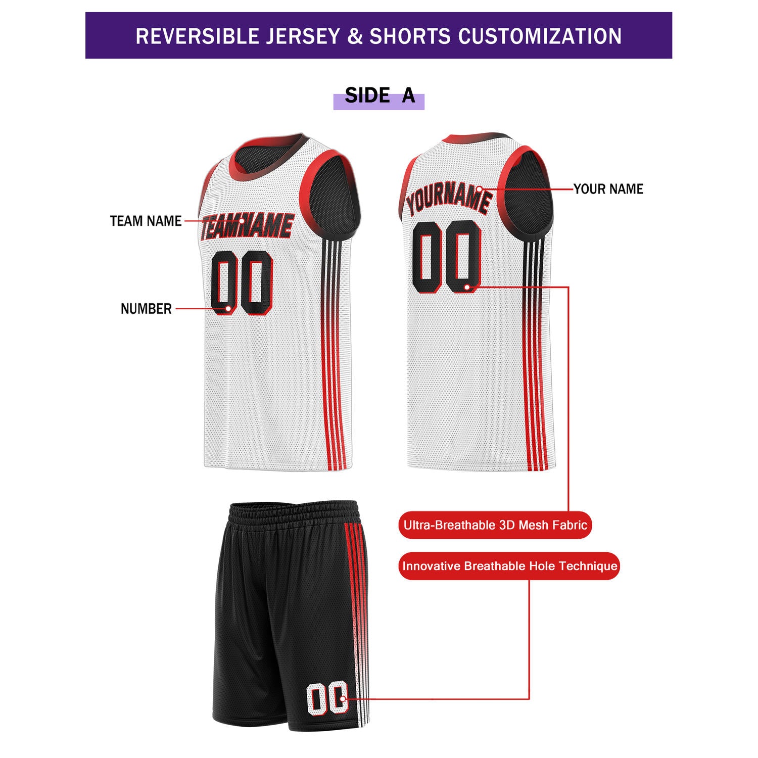 Custom Reversible Black White Red Basketball Uniform Set | Team & Player Name - Vosoli