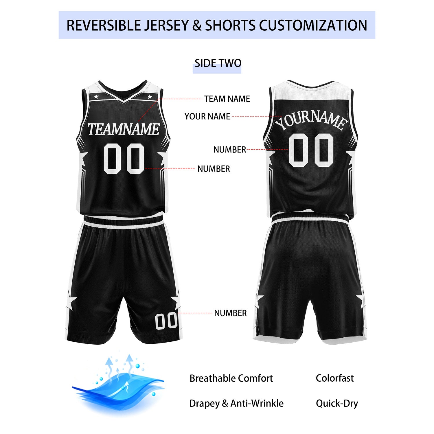 Custom Reversible Black White Star Basketball Uniform Set | Team Name & Number - Vosoli
