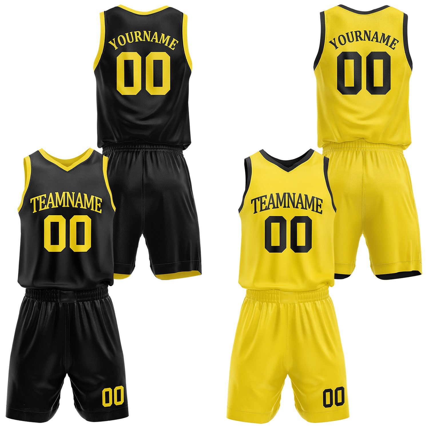 Custom reversible black & yellow basketball uniform set, personalized with team name number and logo, sports jersey and shorts for men women youth game practice - Vosoli