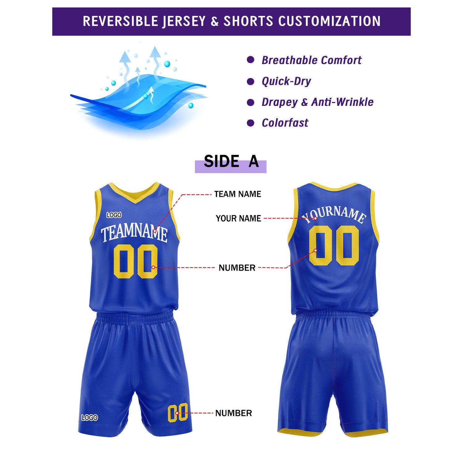 Custom Reversible Blue Yellow Basketball Uniform Set | Team Name & Number - Vosoli
