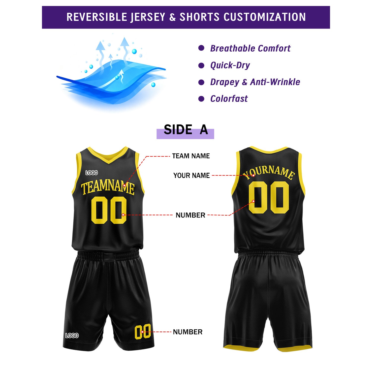 Custom Reversible Black Yellow Basketball Uniform Set | Team Name & Number - Vosoli