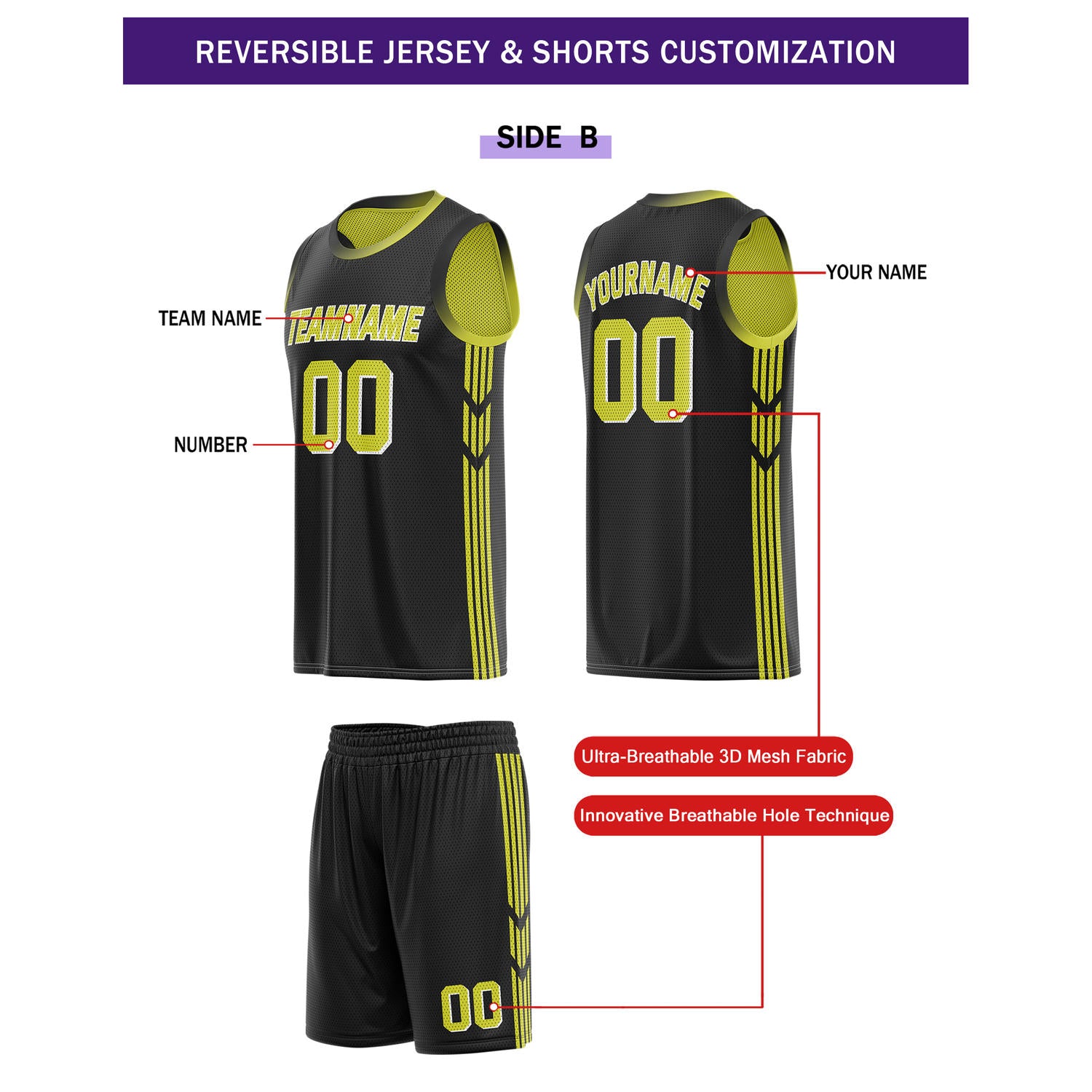 Custom Reversible Black Yellow Basketball Uniform Set | Team & Player Name - Vosoli