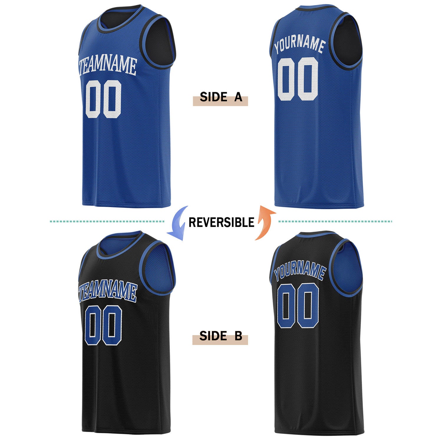 Custom Reversible Blue & Black Basketball Jersey | Personalized for Team Sports - Vosoli