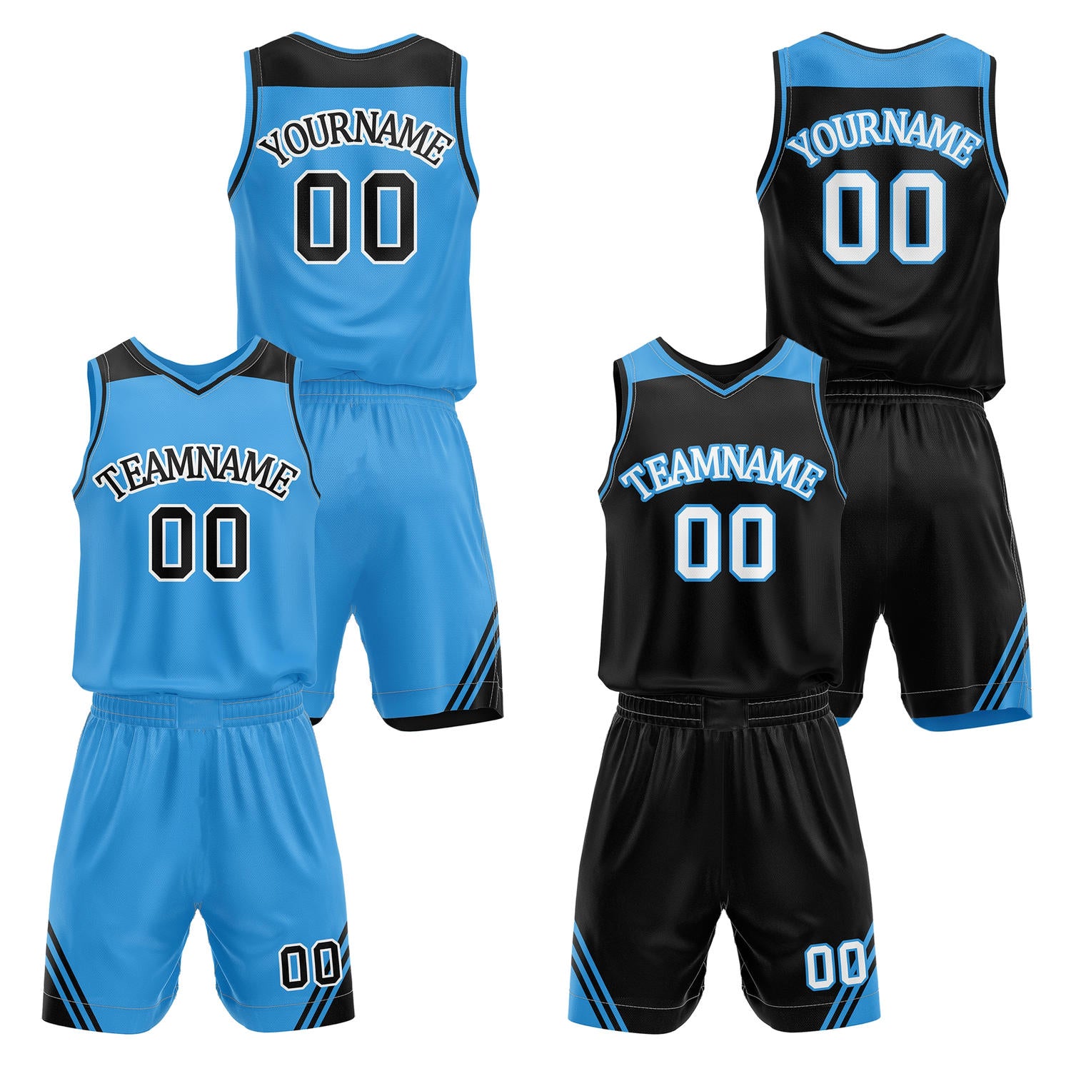 Custom reversible blue & black basketball uniform set, personalized with team name number and logo, breathable mesh fabric for men women youth game practice - Vosoli