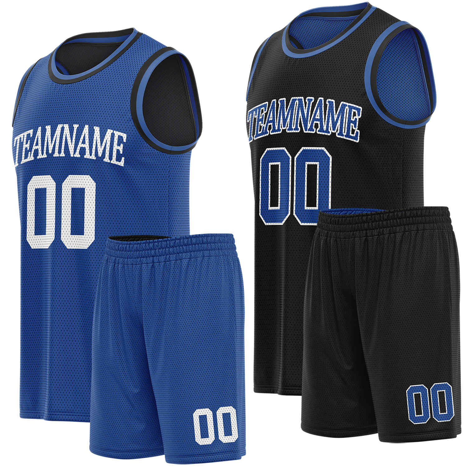 Custom reversible blue & black basketball uniform set, personalized team name number logo breathable mesh sports jersey and shorts for men women youth game practice - Vosoli