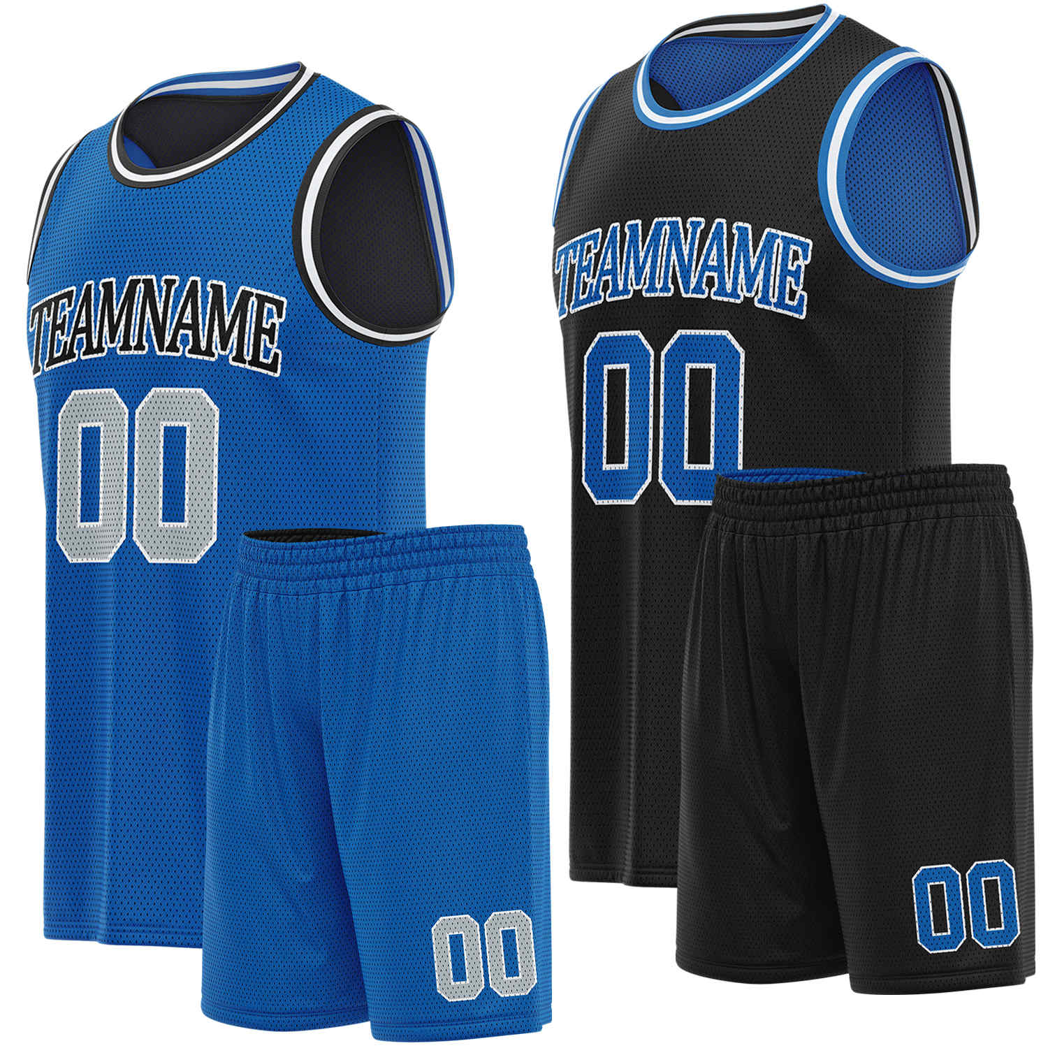 Custom reversible blue & black basketball uniform set, personalized team name number logo breathable mesh sports jersey and shorts for men women youth game practice - Vosoli