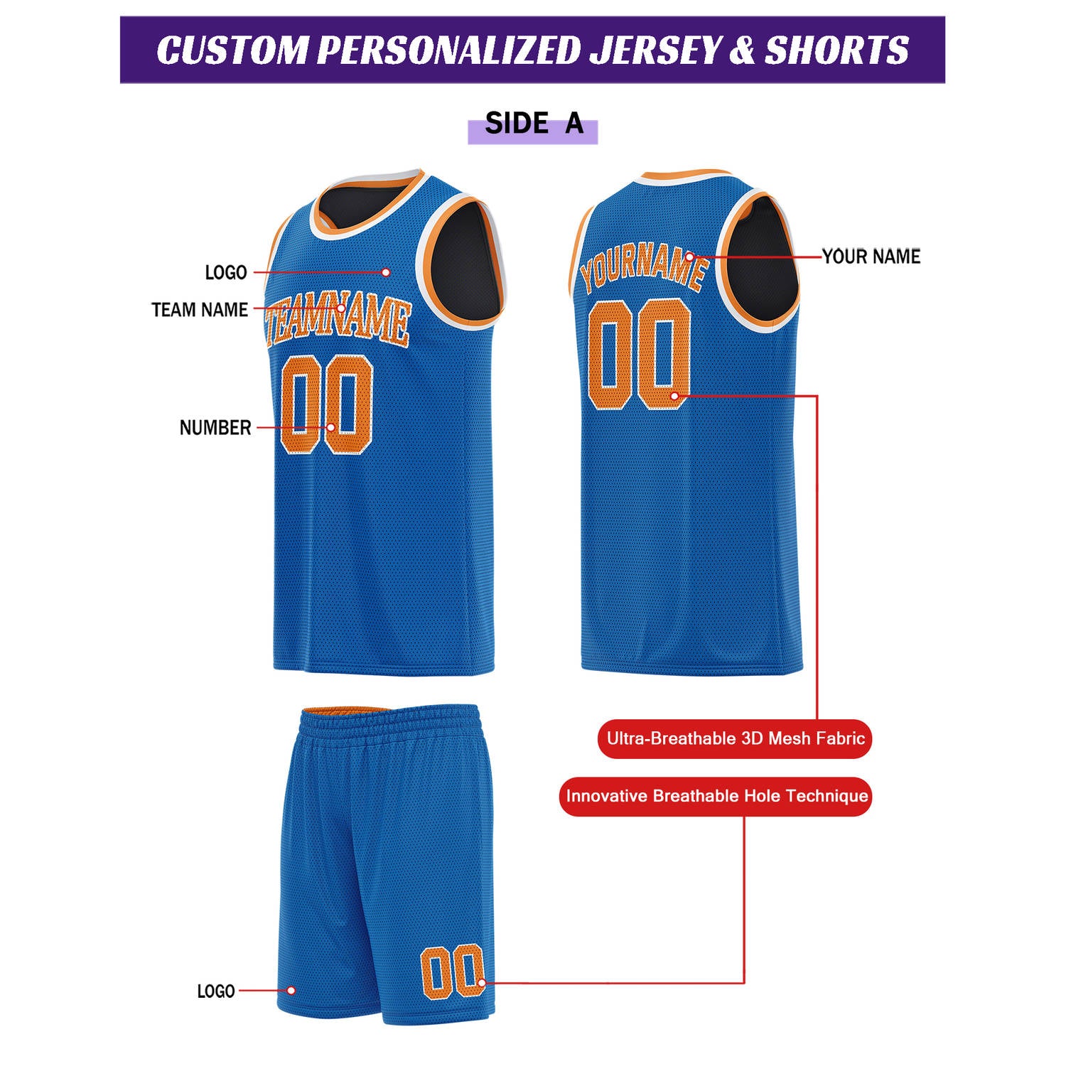 Custom Reversible Blue & Black Basketball Uniform Set | Personalized for Team Sports Practice - Vosoli