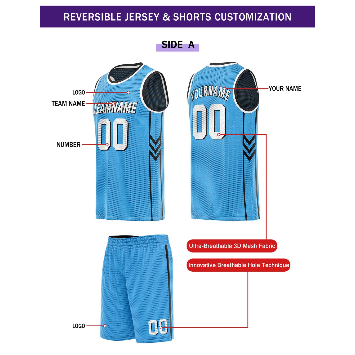 Custom Reversible Blue Black Basketball Uniform Set | Team Name & Number - Vosoli