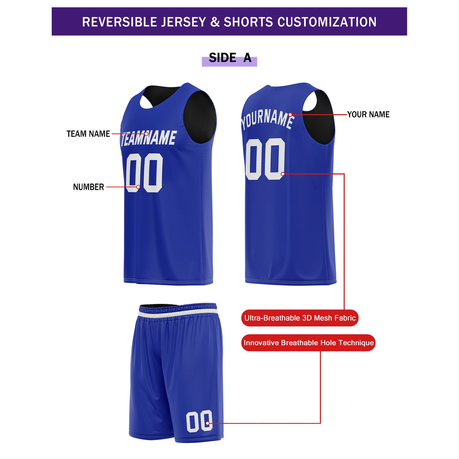 Custom Reversible Blue Black Basketball Uniform Set | Team Name & Number - Vosoli