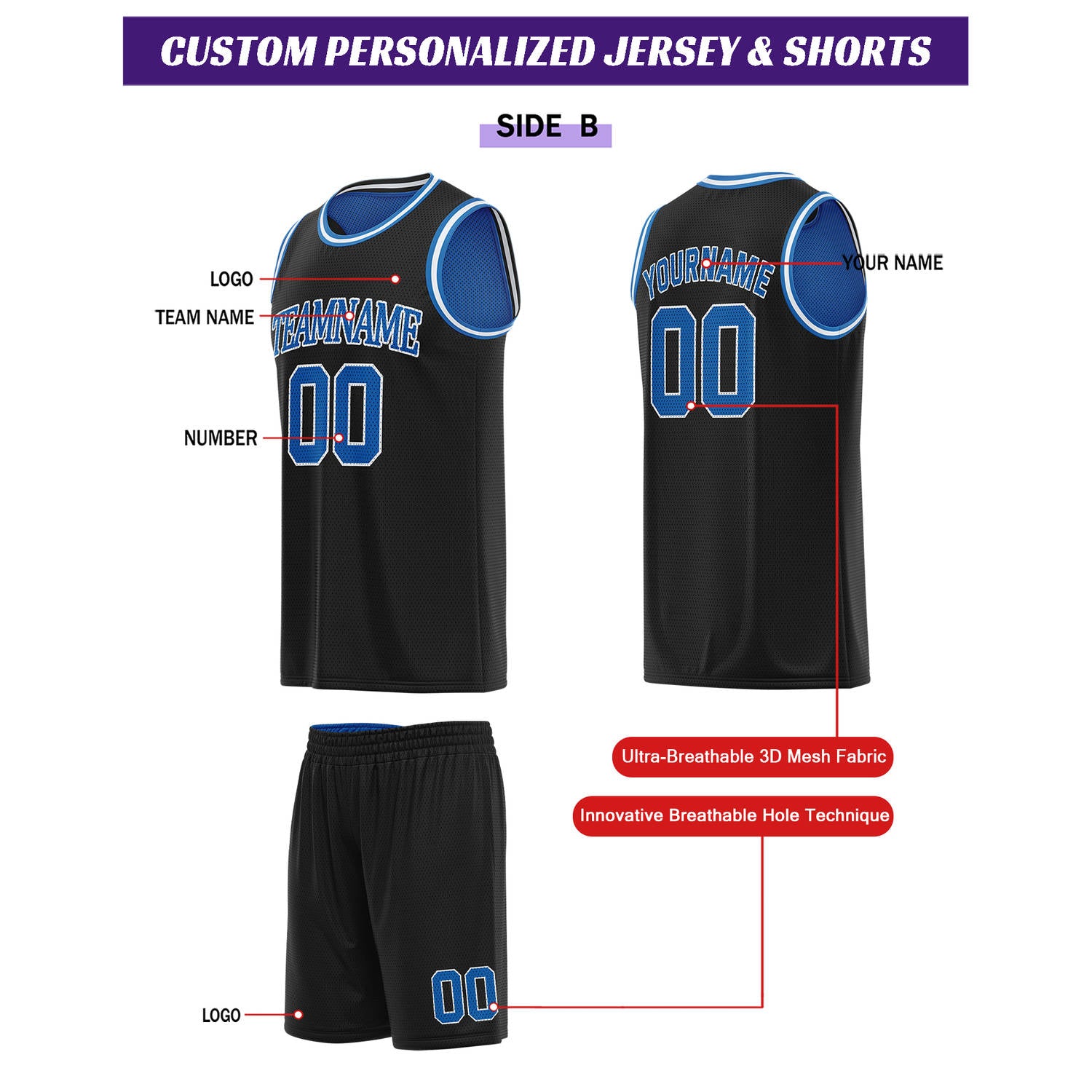 Custom Reversible Blue & Black Basketball Uniform Set | Personalized for Team Sports Practice - Vosoli