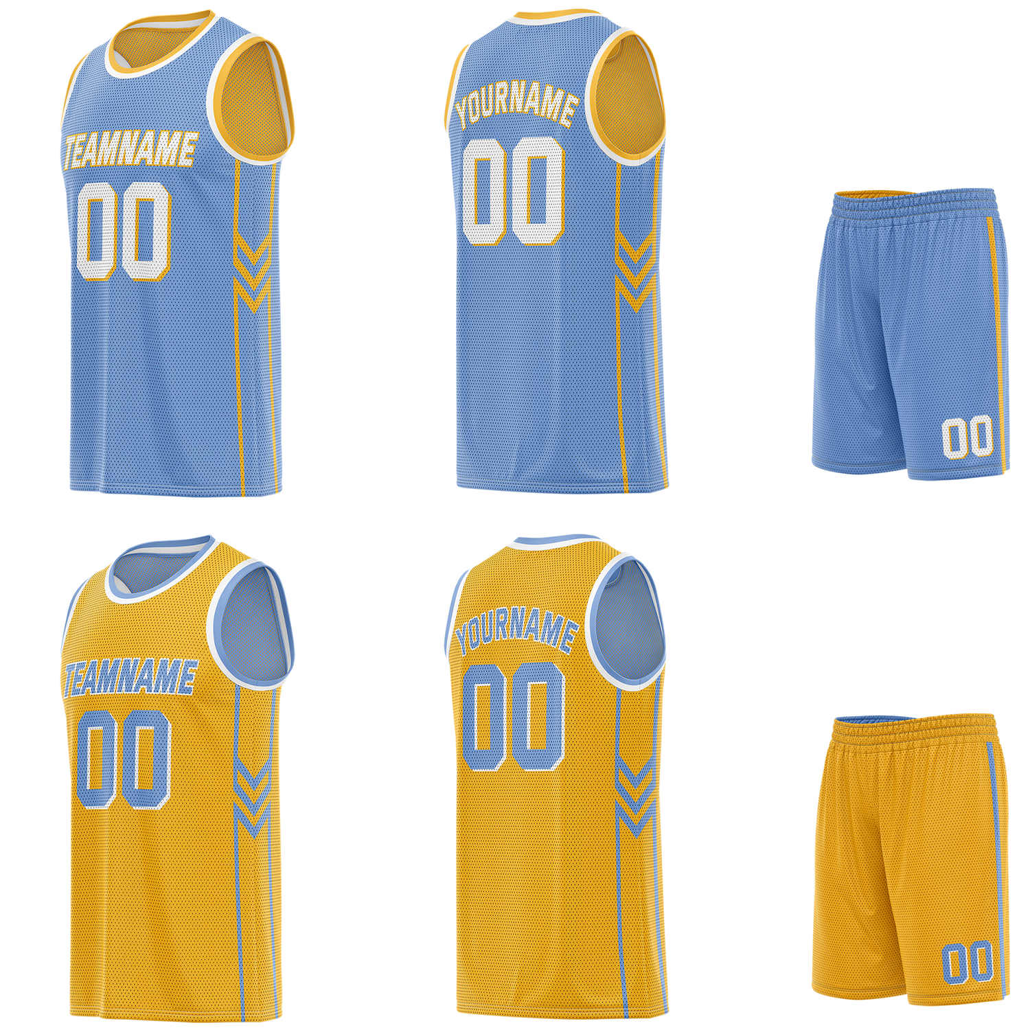 Custom reversible blue & gold basketball uniform set, personalized with team name number and logo, breathable mesh fabric for men women youth game practice - Vosoli