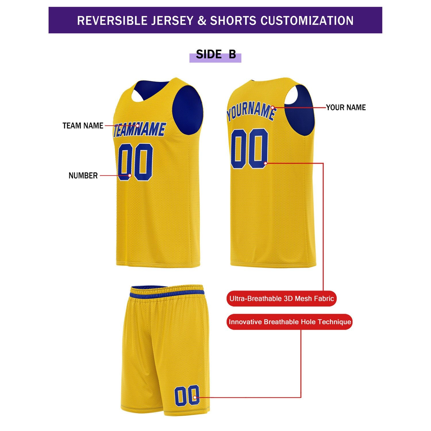 Custom Reversible Blue Gold Basketball Uniform Set | Team Name & Number - Vosoli