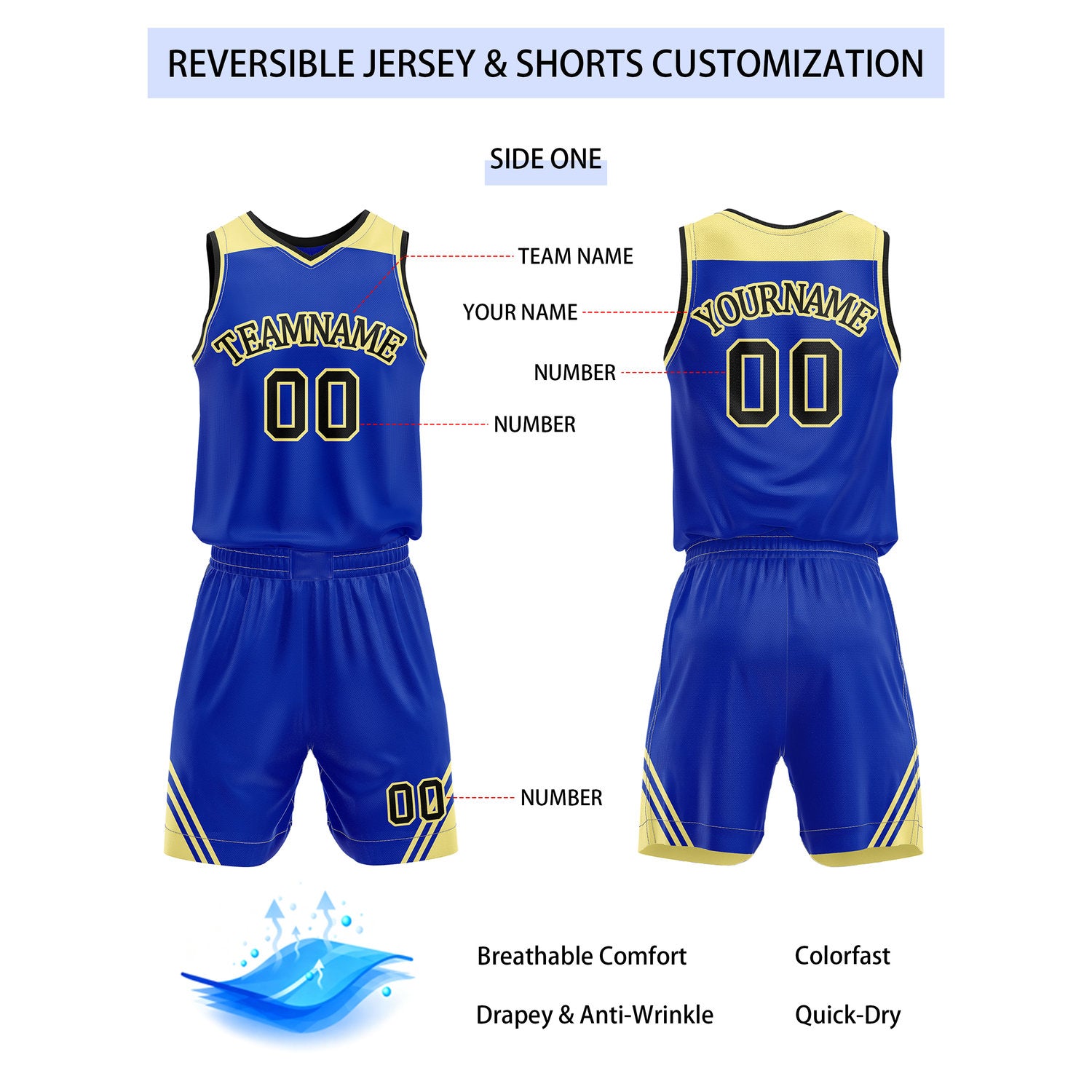 Custom Reversible Blue Gold Basketball Uniform Set | Team Name & Number - Vosoli