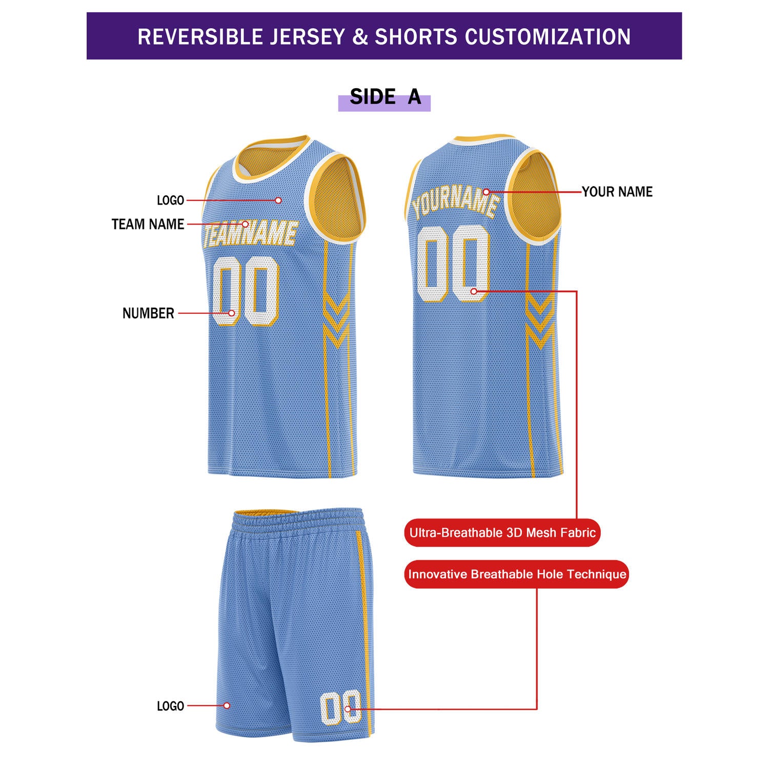 Custom Reversible Blue Gold Basketball Uniform Set | Team Name & Number - Vosoli