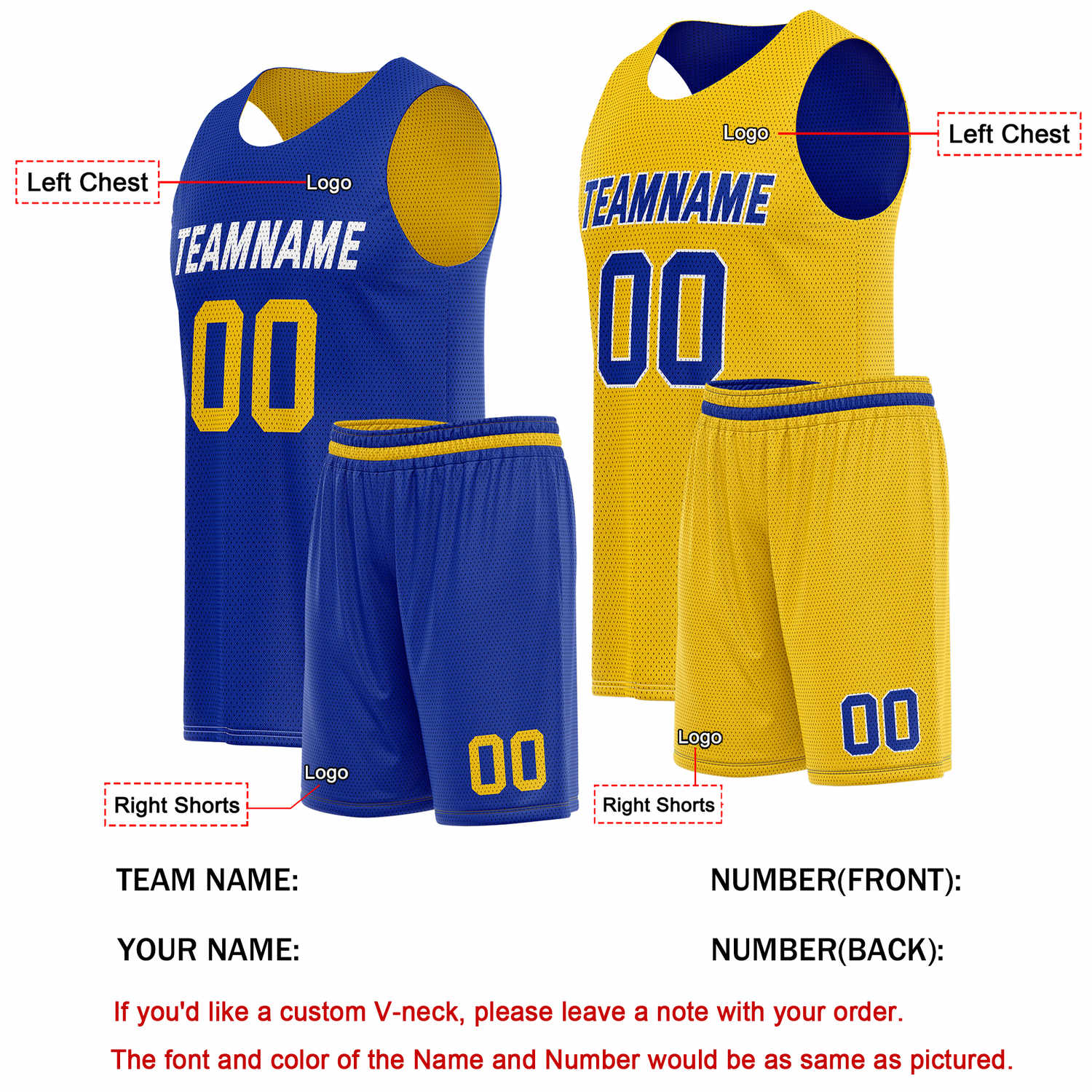 Custom Reversible Blue Gold Basketball Uniform Set | Team Name & Number - Vosoli