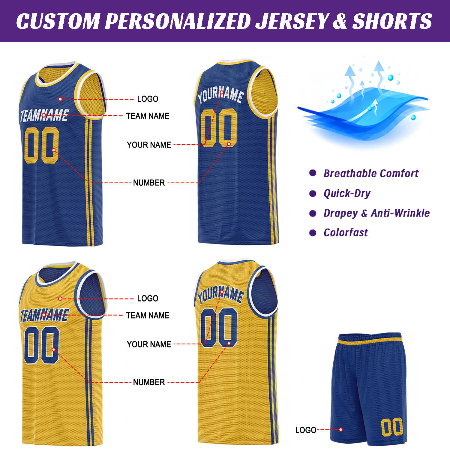 Custom Reversible Blue & Gold Basketball Uniform | Jersey & Shorts Set - Vosoli