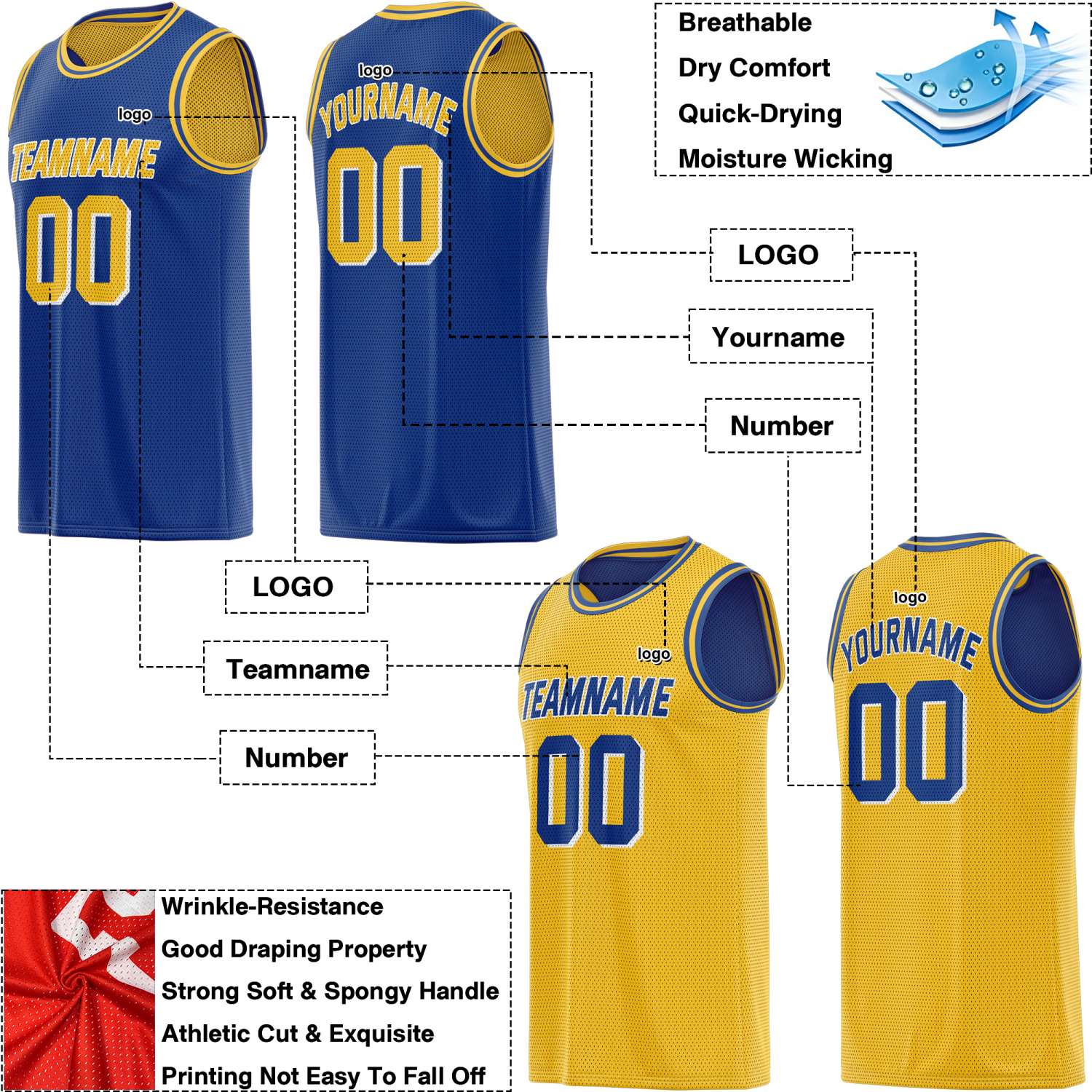 Custom Reversible Blue & Gold Mesh Basketball Jersey | Personalized Team Jersey | Vosoli