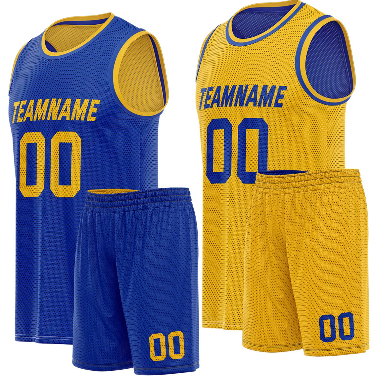 Custom reversible blue & gold basketball uniform, personalized team name number Logo breathable Mesh sports set for men women youth Adult game practice - Vosoli