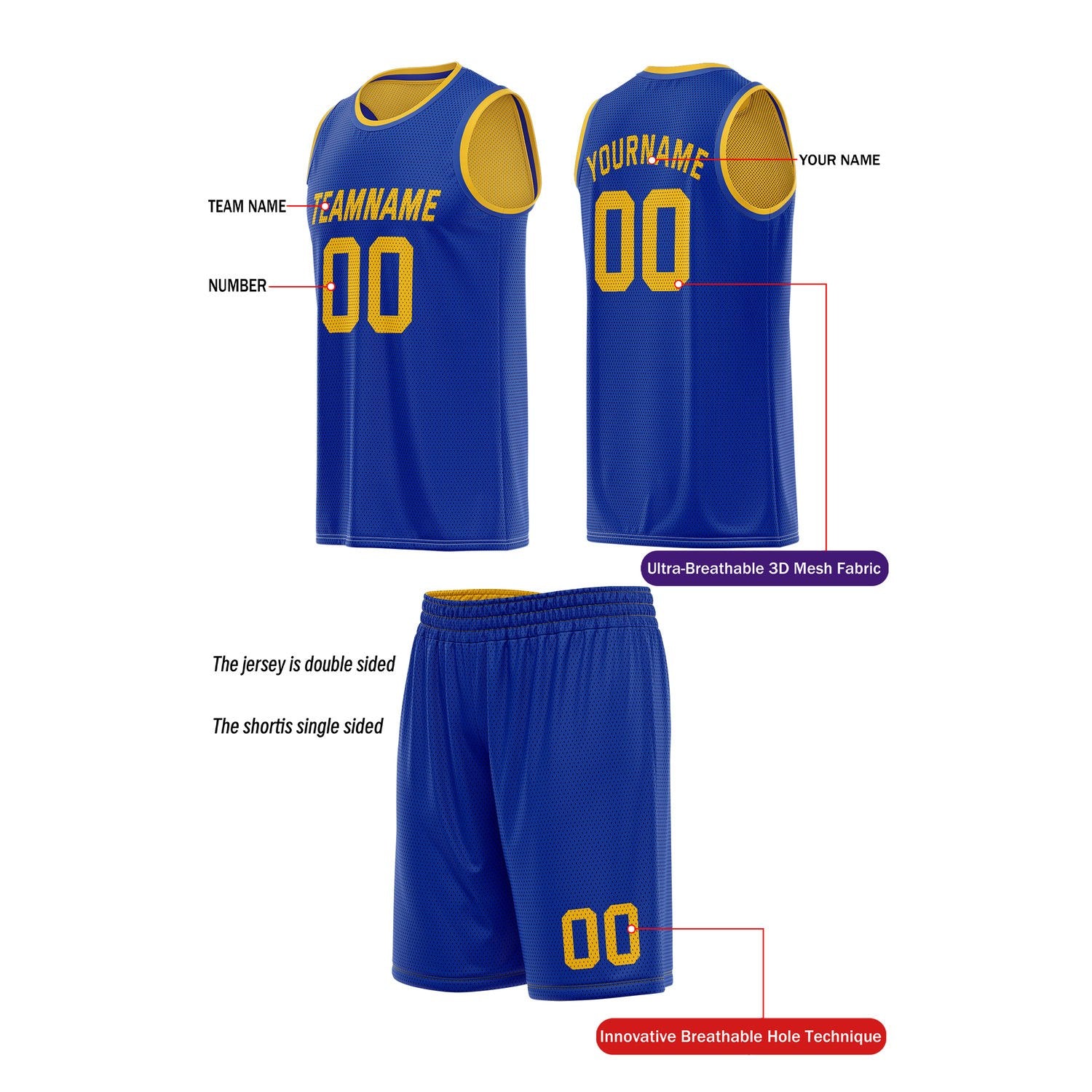 Custom Reversible Blue & Gold Basketball Uniform (Jersey + Shorts) | Personalized Team Set | Vosoli