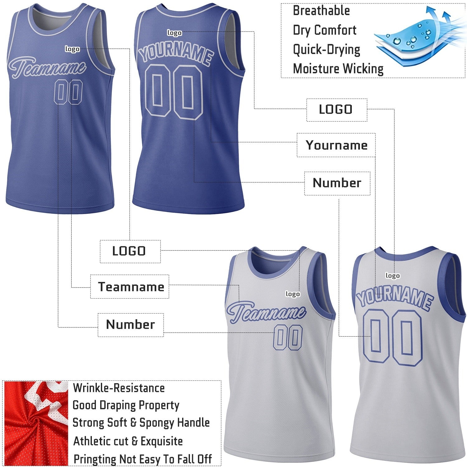 Custom Reversible Blue & Gray Basketball Jersey | Personalized Team Jersey | Vosoli
