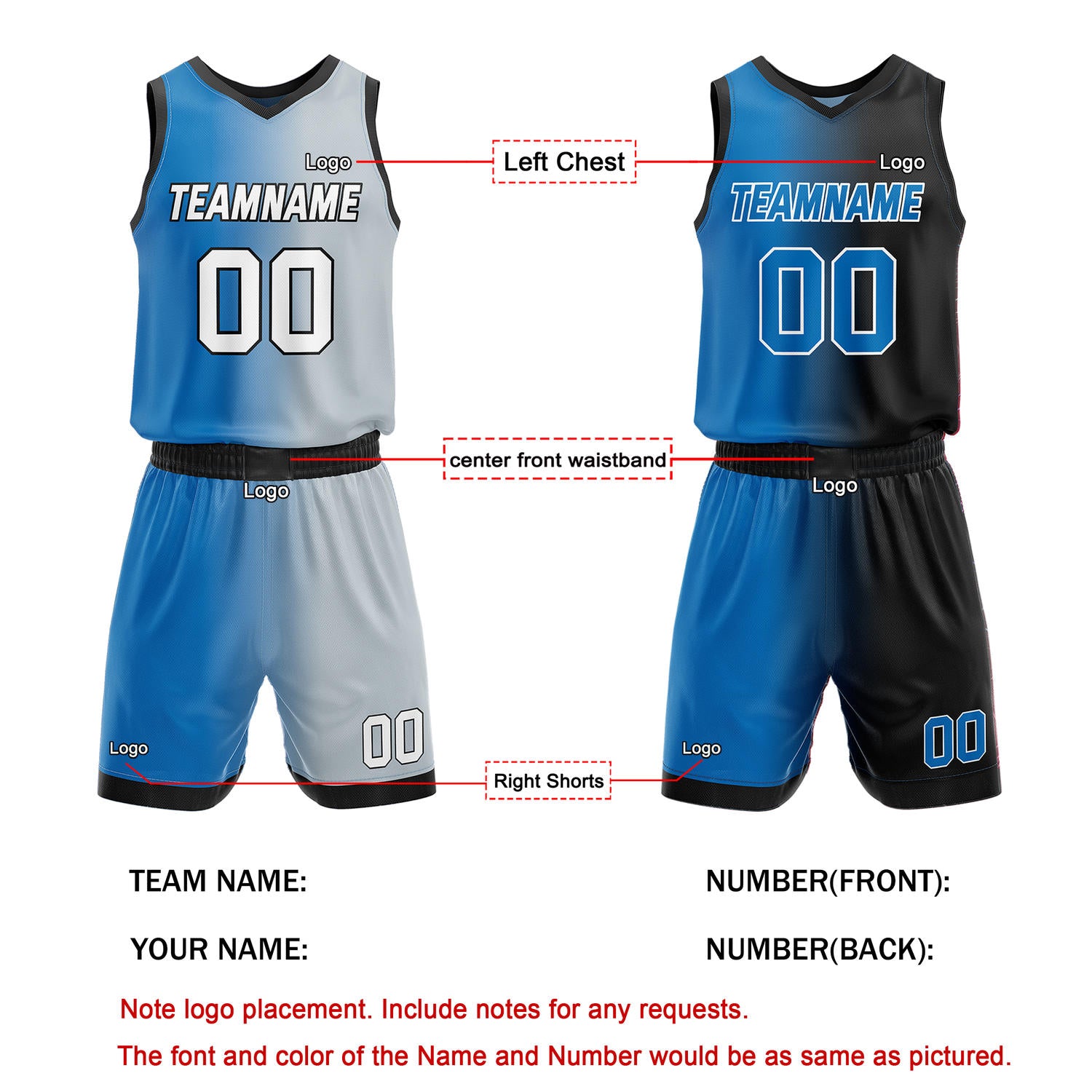 Custom Reversible Blue Grey Black Basketball Uniform Set | Team & Player Name - Vosoli