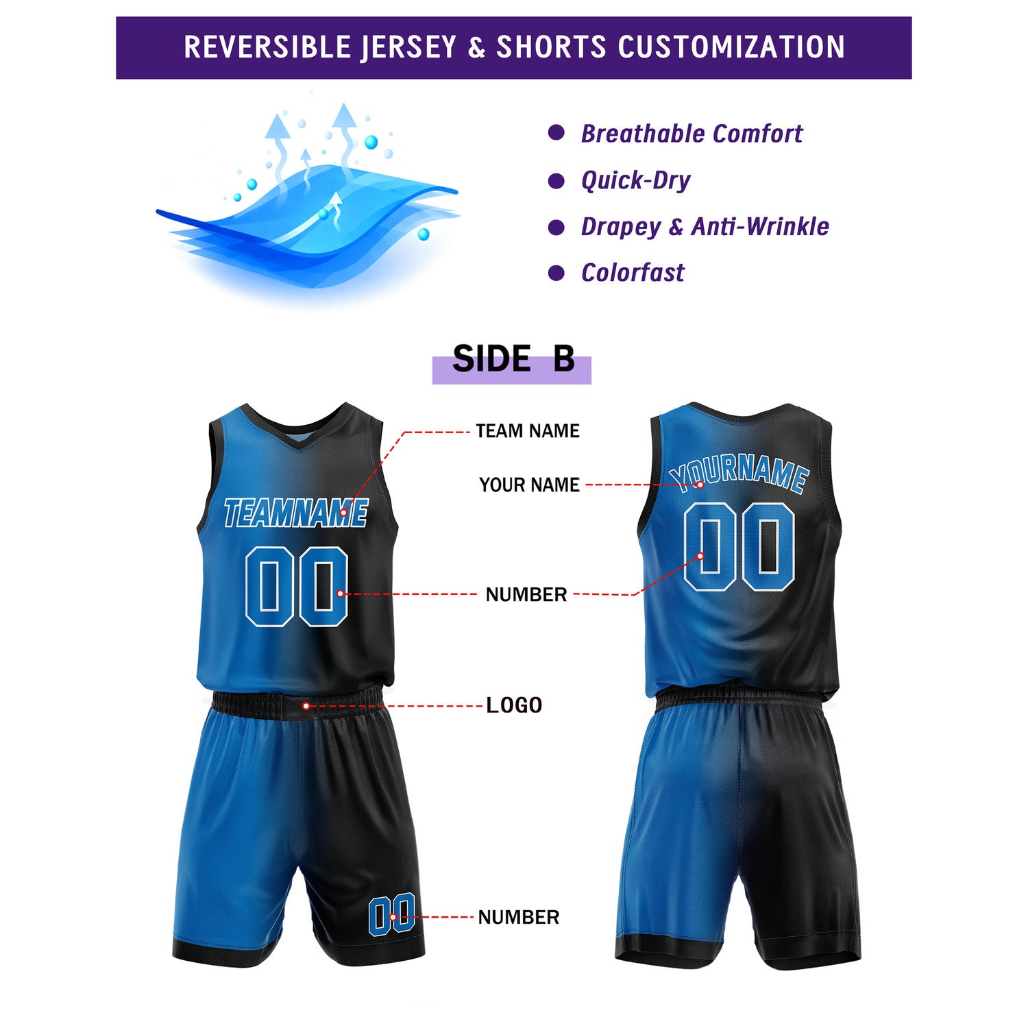 Custom Reversible Blue Grey Black Basketball Uniform Set | Team & Player Name - Vosoli