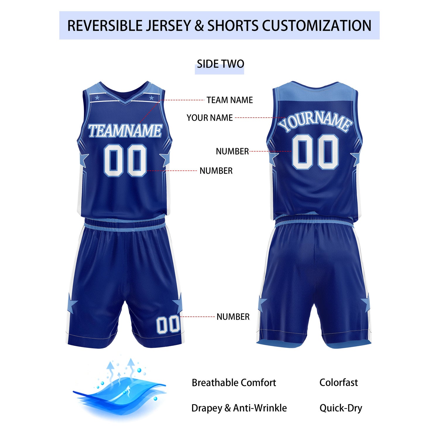Custom Reversible Blue Navy Star Basketball Uniform Set | Team Name & Number - Vosoli