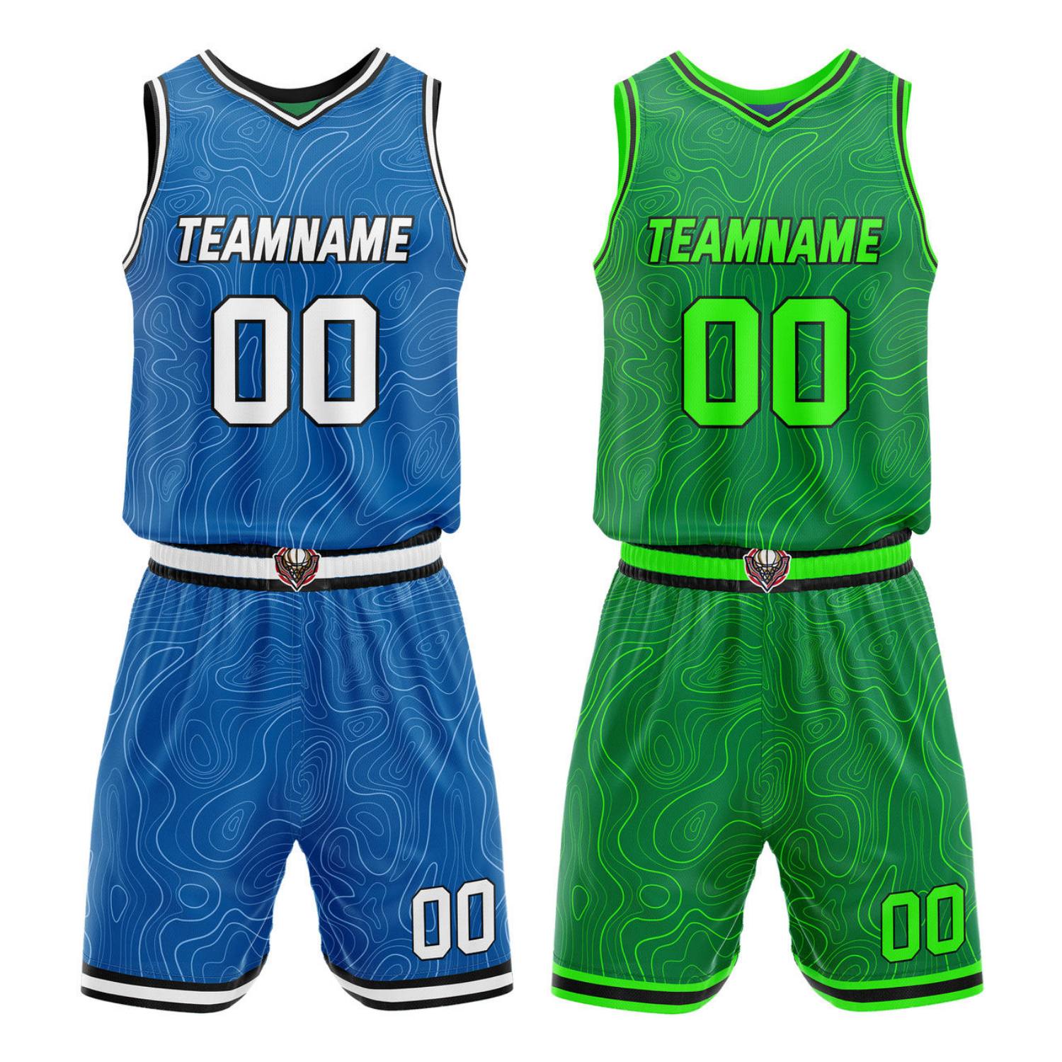 Custom Reversible Blue & Neon Green Wave Basketball Jersey Set - Personalized Team Name, Number & LOGO | Vosoli