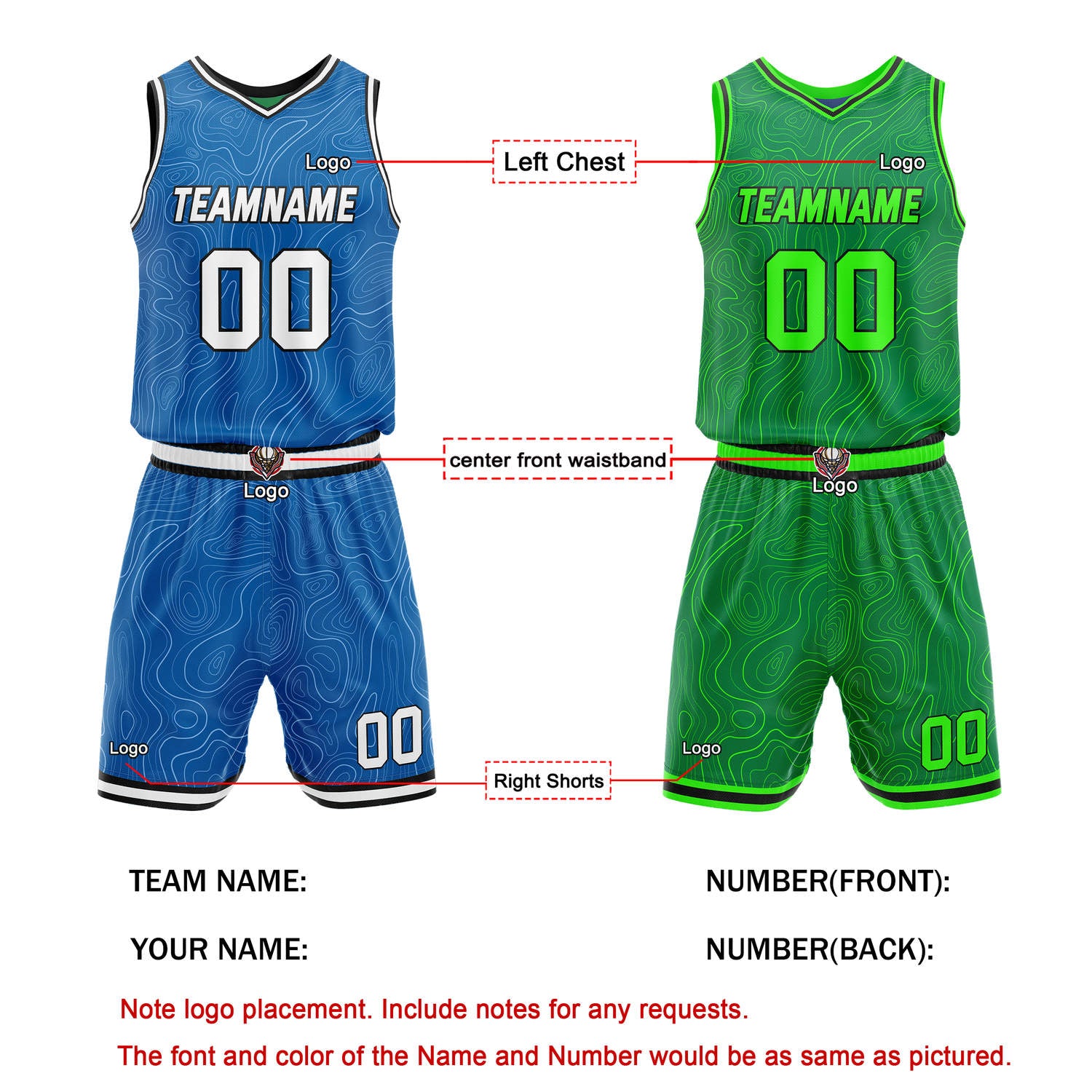 Custom Reversible Blue & Neon Green Wave Basketball Jersey Set - Personalized Team Name, Number & LOGO | Vosoli