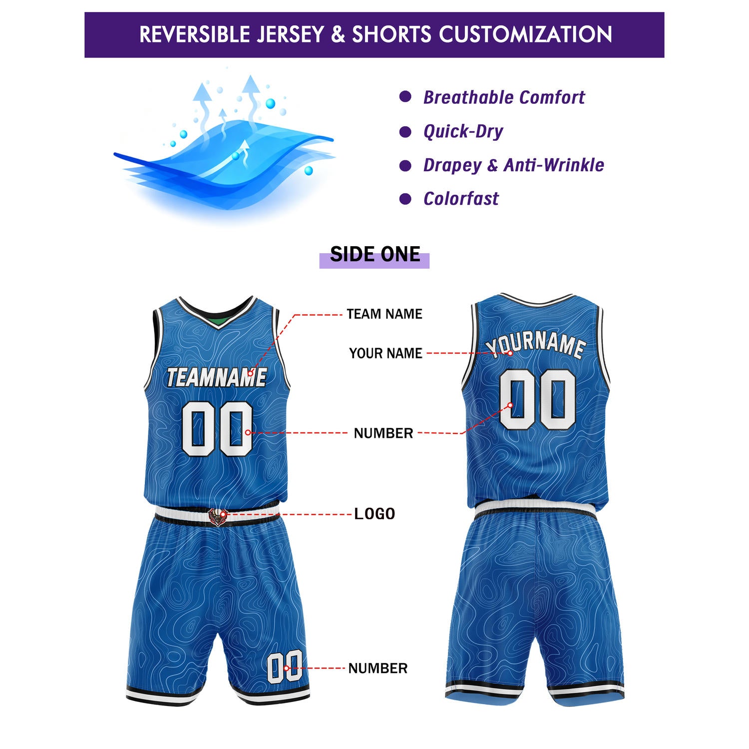 Custom Reversible Blue & Neon Green Wave Basketball Jersey Set - Personalized Team Name, Number & LOGO | Vosoli