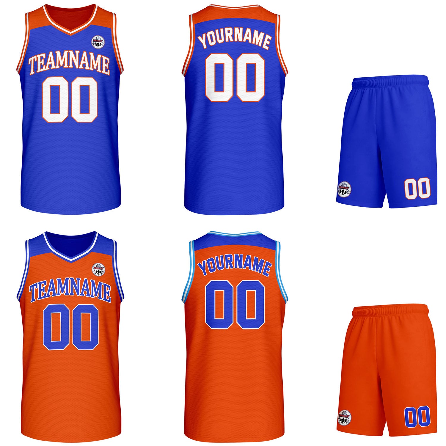 Custom reversible blue & orange basketball uniform set, personalized with team name number and logo, breathable mesh fabric for men women youth game practice - Vosoli