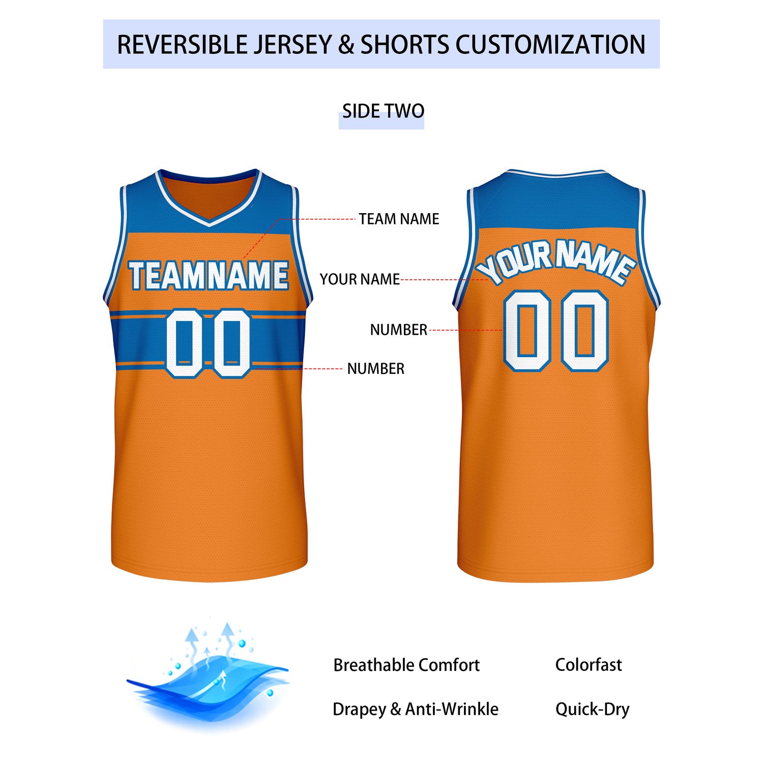 Custom Reversible Blue Orange Block Basketball Jersey | Team & Player Name - Vosoli