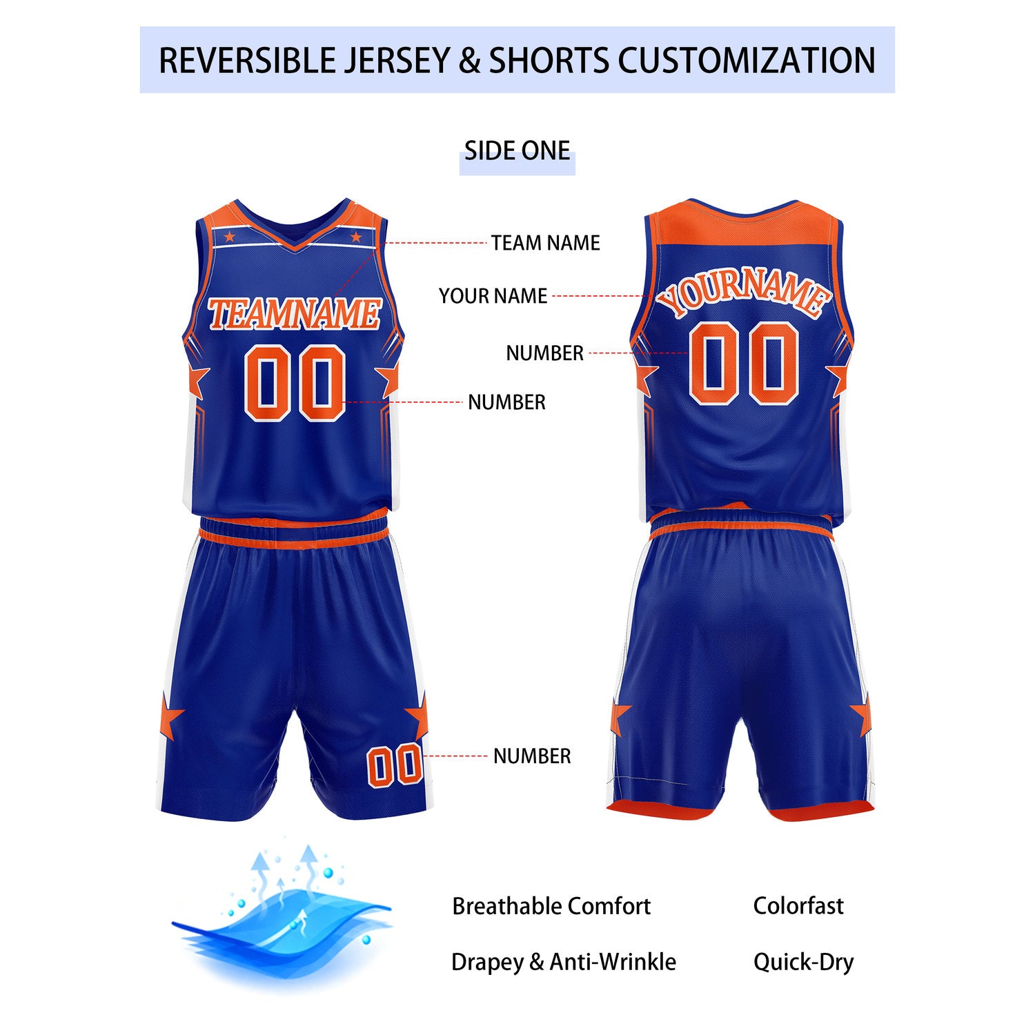 Custom Reversible Blue Orange Star Basketball Uniform Set | Team Name & Number - Vosoli