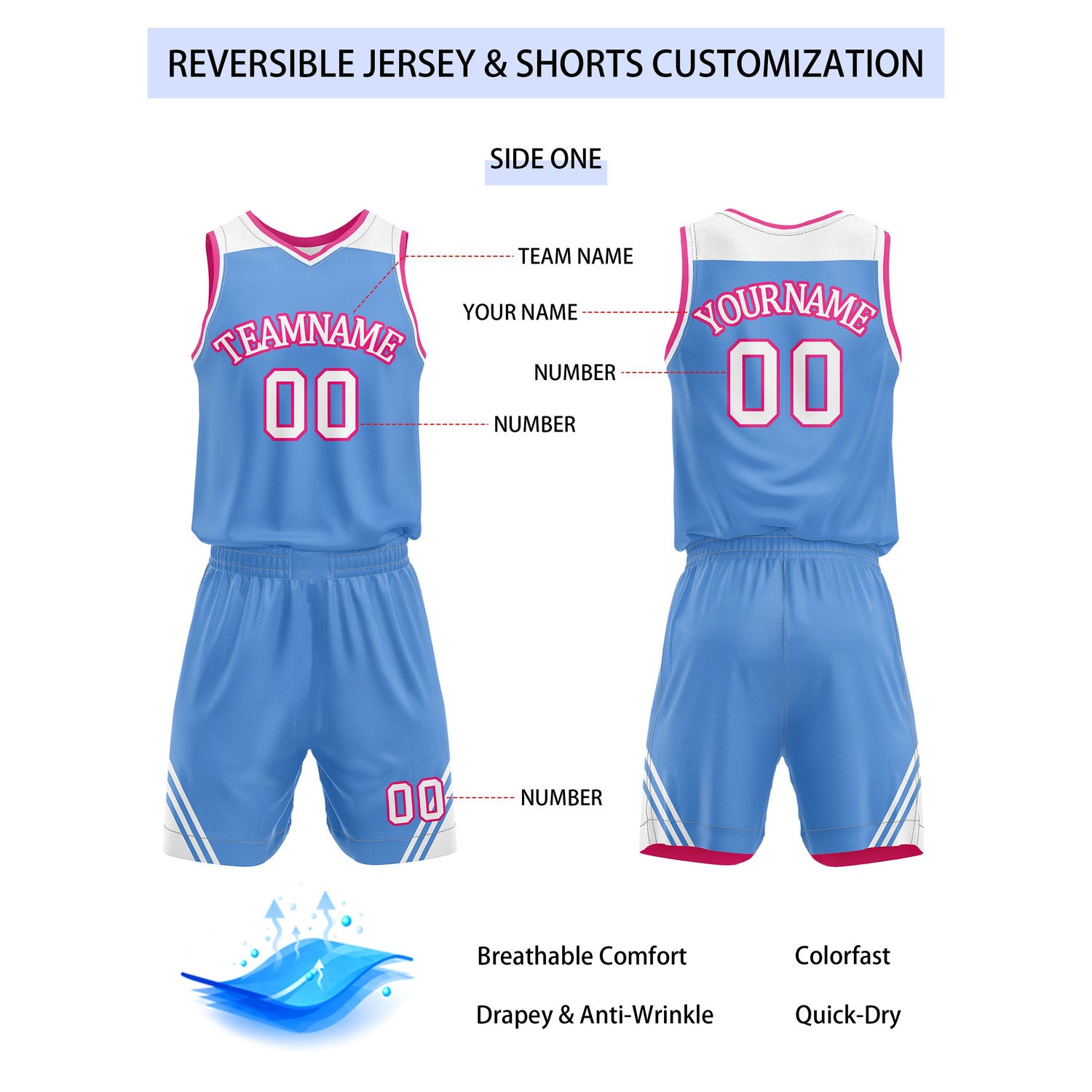 Custom Reversible Blue Pink Basketball Uniform Set | Team Name & Number - Vosoli